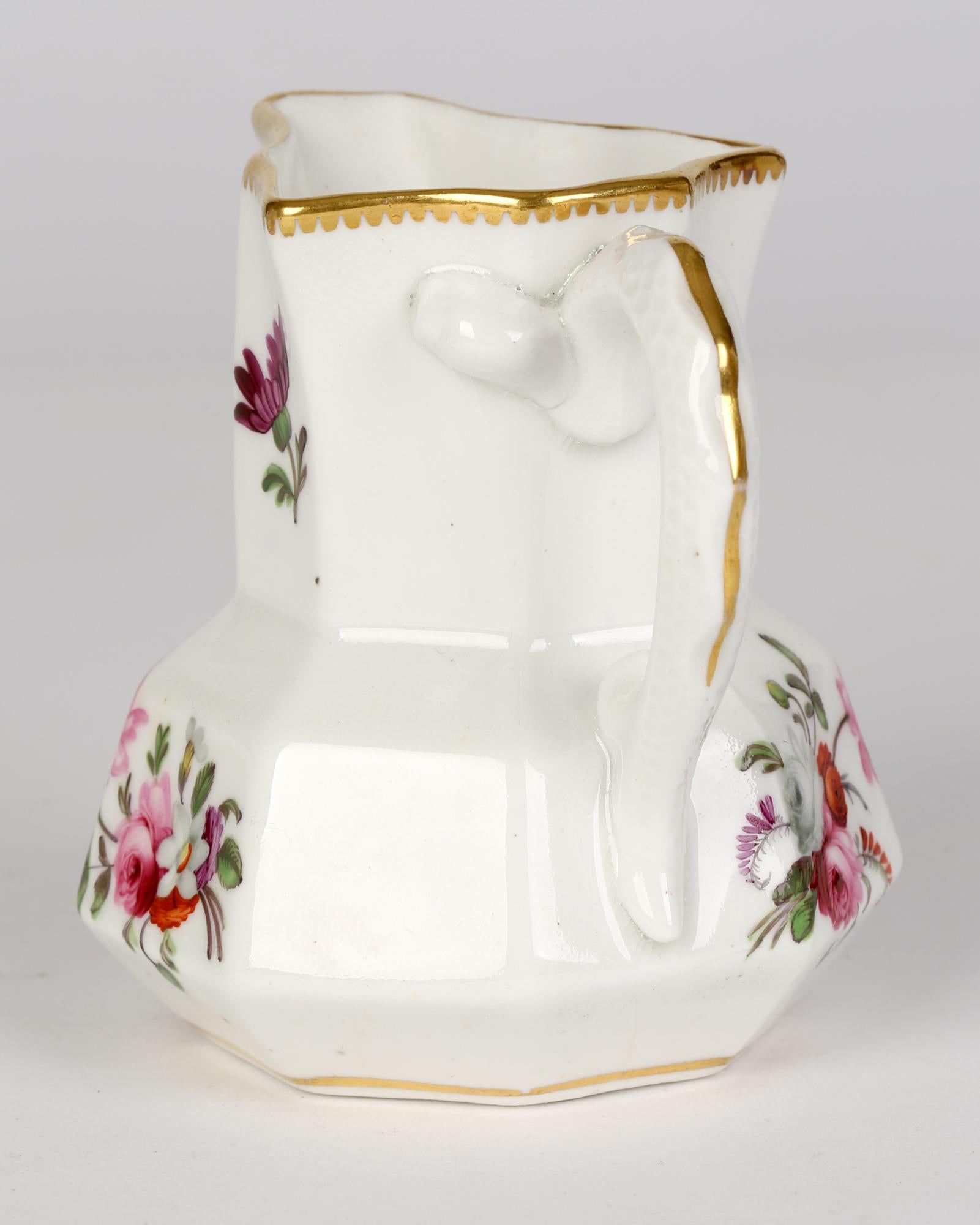 Early 19th Century Welsh or English Floral Hand Painted Porcelain Serpent Handle Jug and Stand For Sale