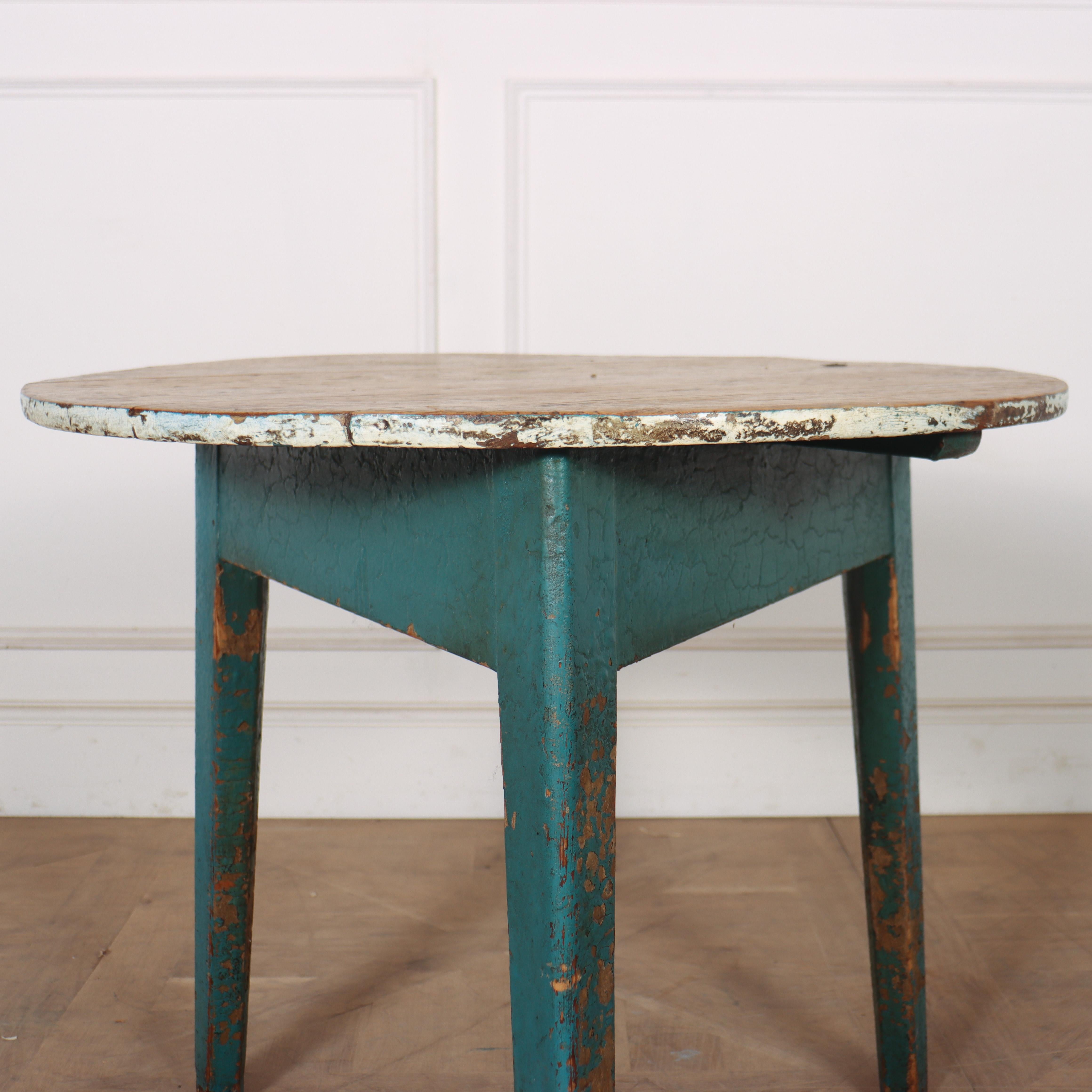 19th C Welsh original painted cricket table with a scrubbed pine top. 1840.

Reference: 8237

Dimensions
27 inches (69 cms) High
30 inches (76 cms) Diameter