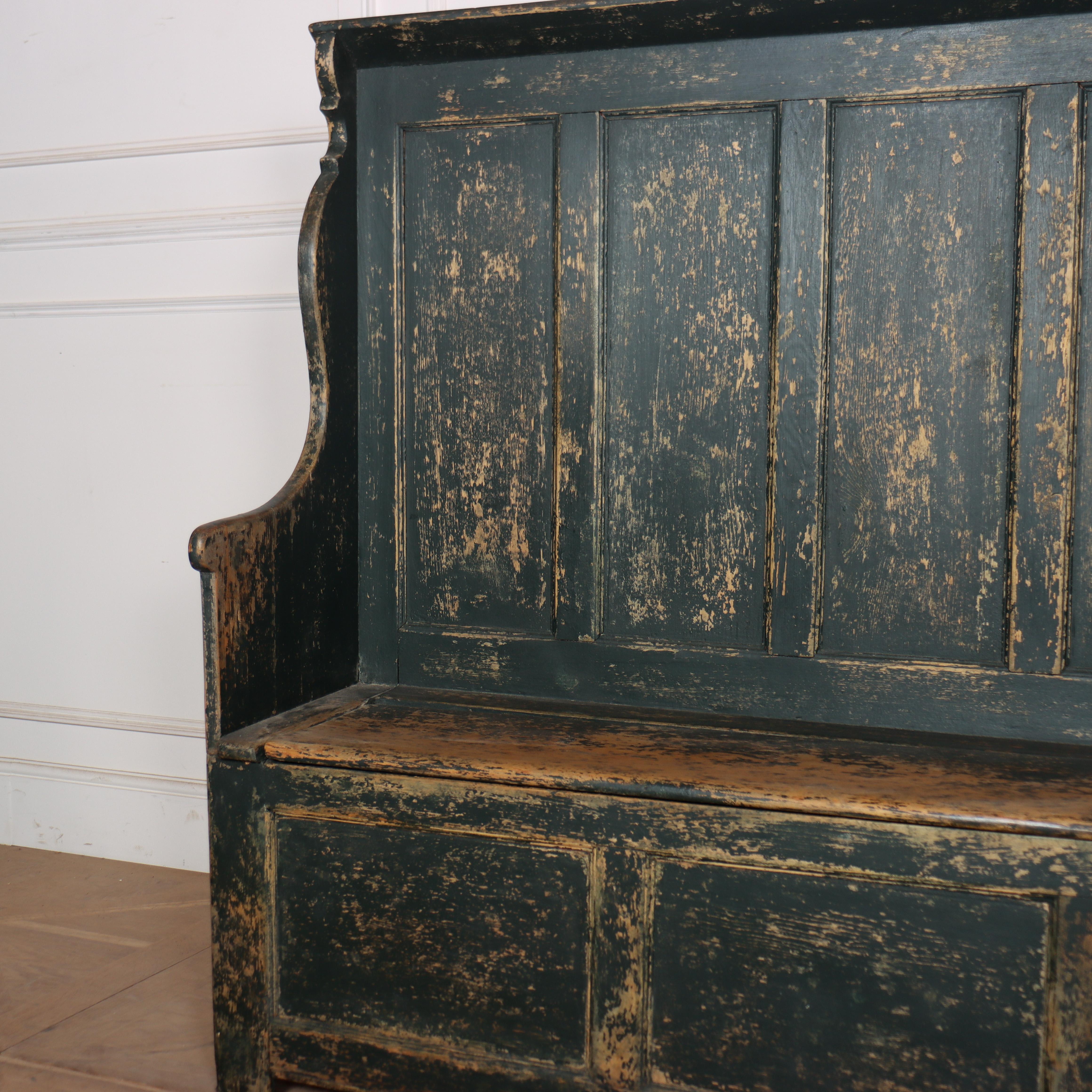 Early 19th C Welsh painted pine box settle. 1820.

Seat height is 18.5
