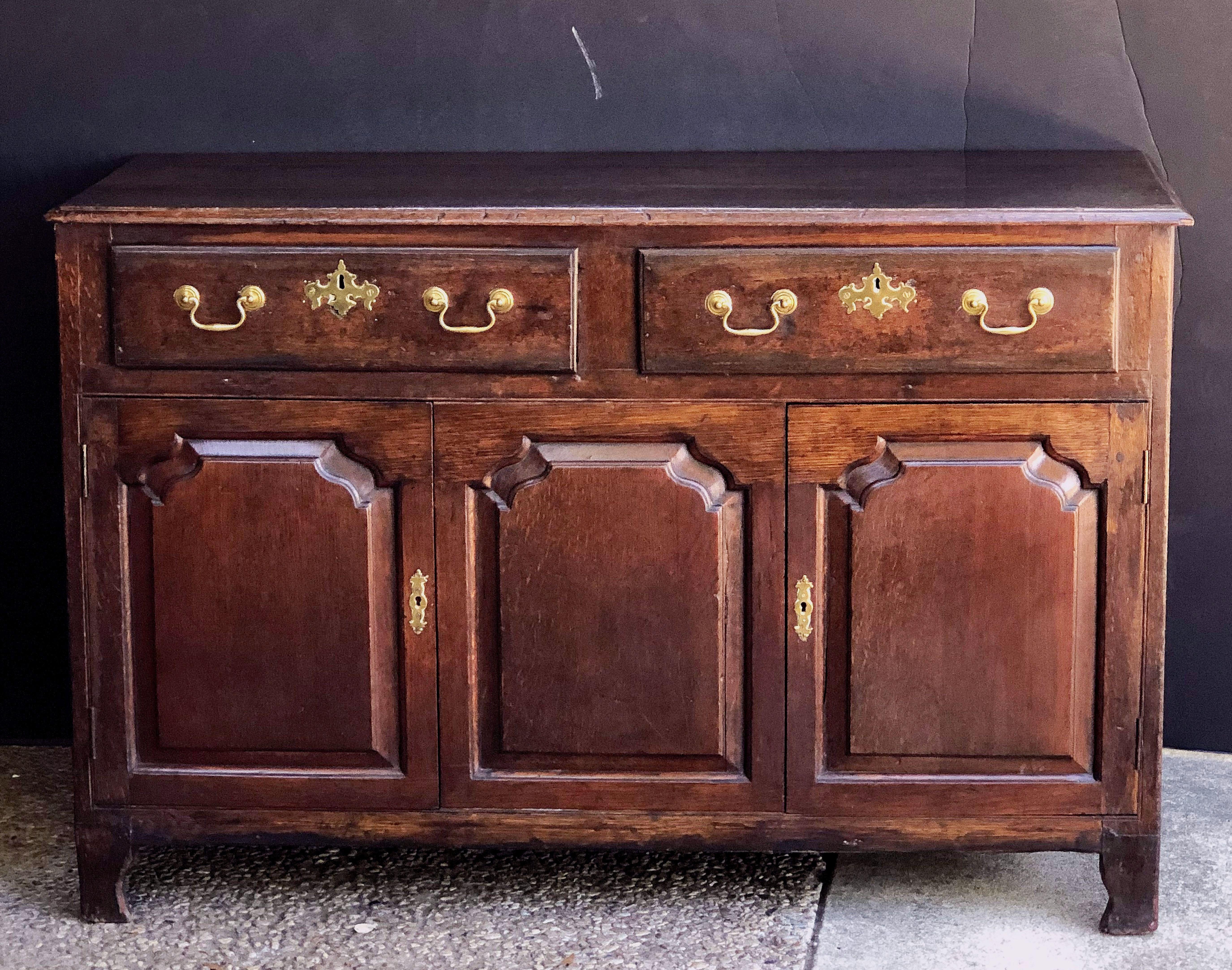 A handsome Welsh paneled dresser base or console server from the Georgian era, featuring a handsome, patinated oak top and sides with two drawers, each showing swan pulls and escutcheons of a lovely design in brass, over a cupboard base with two