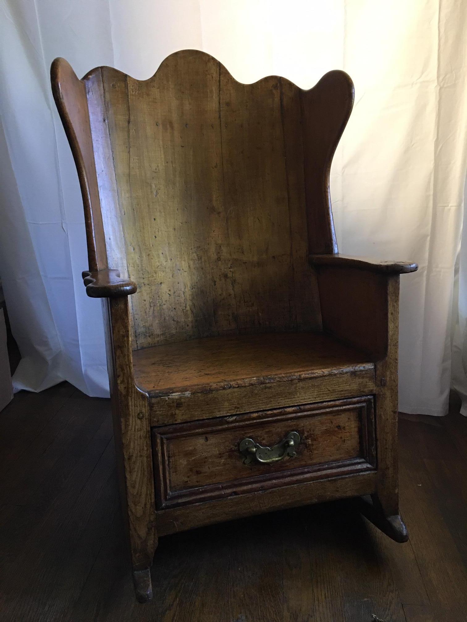 Welsh pine shepherd or lambing rocker or glider chair with a drawer, 19th century.