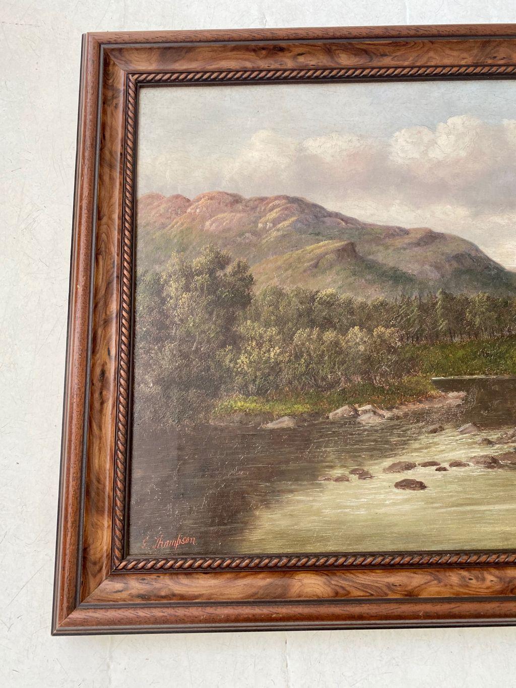 Antique Welsh River landscape with Fly Fisherman, by S. Thompson, 19th century, entitled 