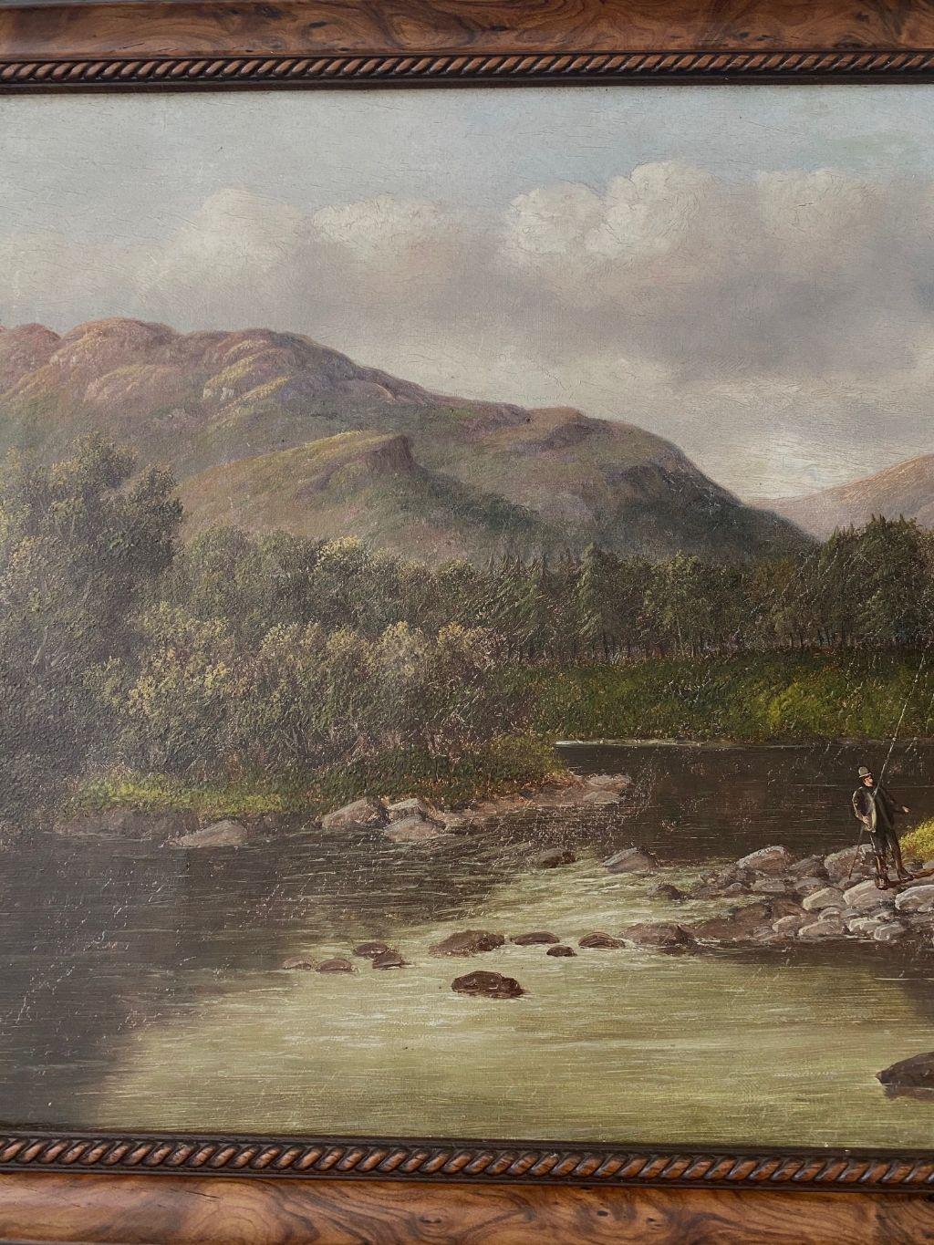 Folk Art Welsh River Landscape with Fly Fisherman, by S. Thompson, 19th Century For Sale