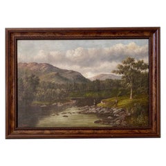 Antique Welsh River Landscape with Fly Fisherman, by S. Thompson, 19th Century