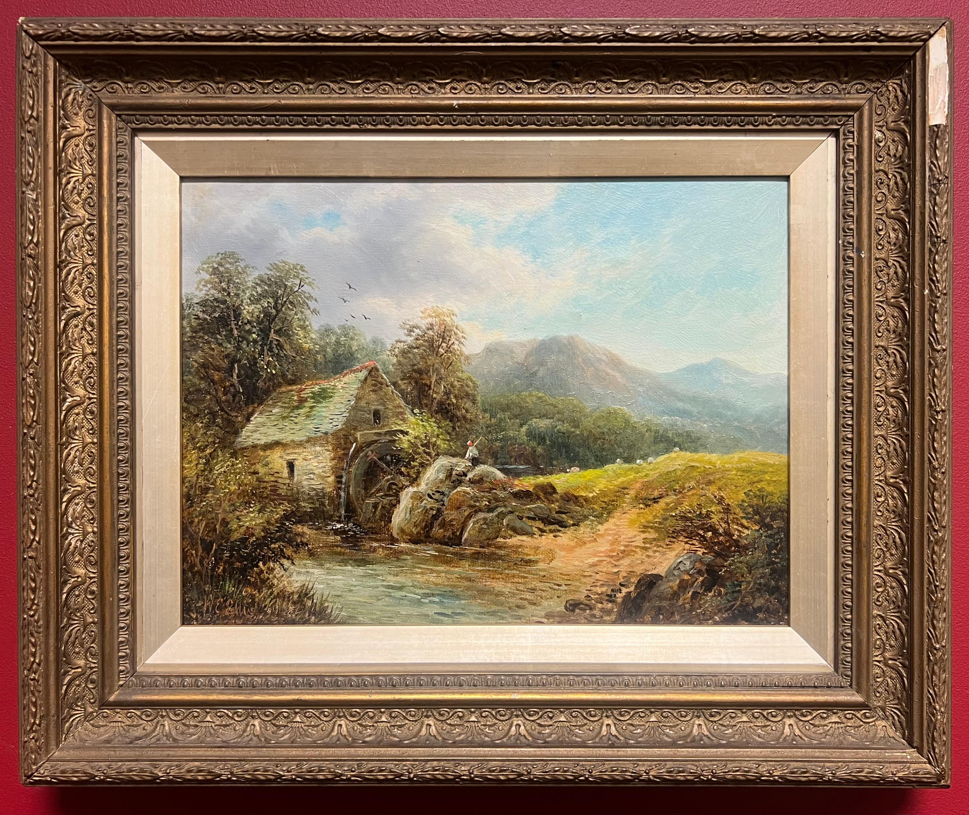 Welsh Öl-Landschaft des 19. Jahrhunderts mit rustikaler Wassermühle mit Figur des Flusses – Painting von Welsh School