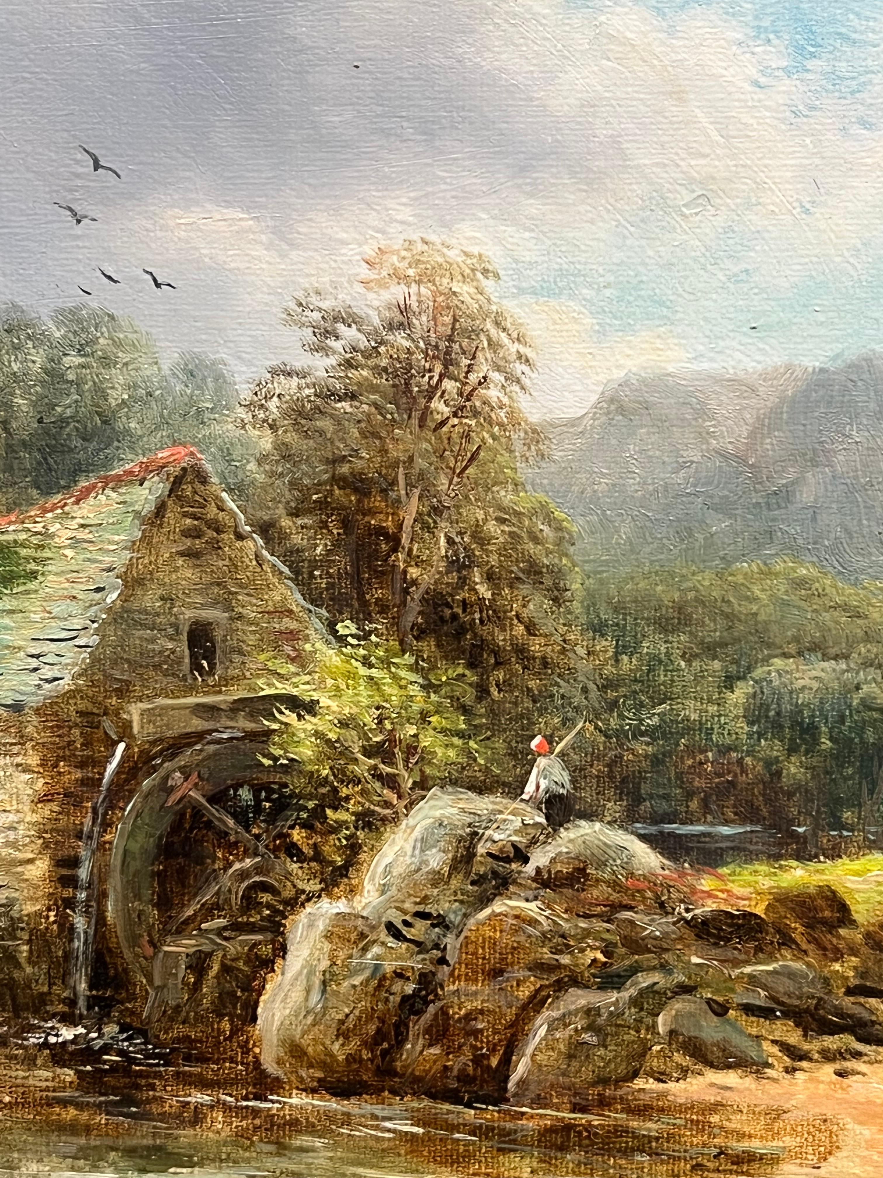 Welsh Öl-Landschaft des 19. Jahrhunderts mit rustikaler Wassermühle mit Figur des Flusses (Braun), Landscape Painting, von Welsh School
