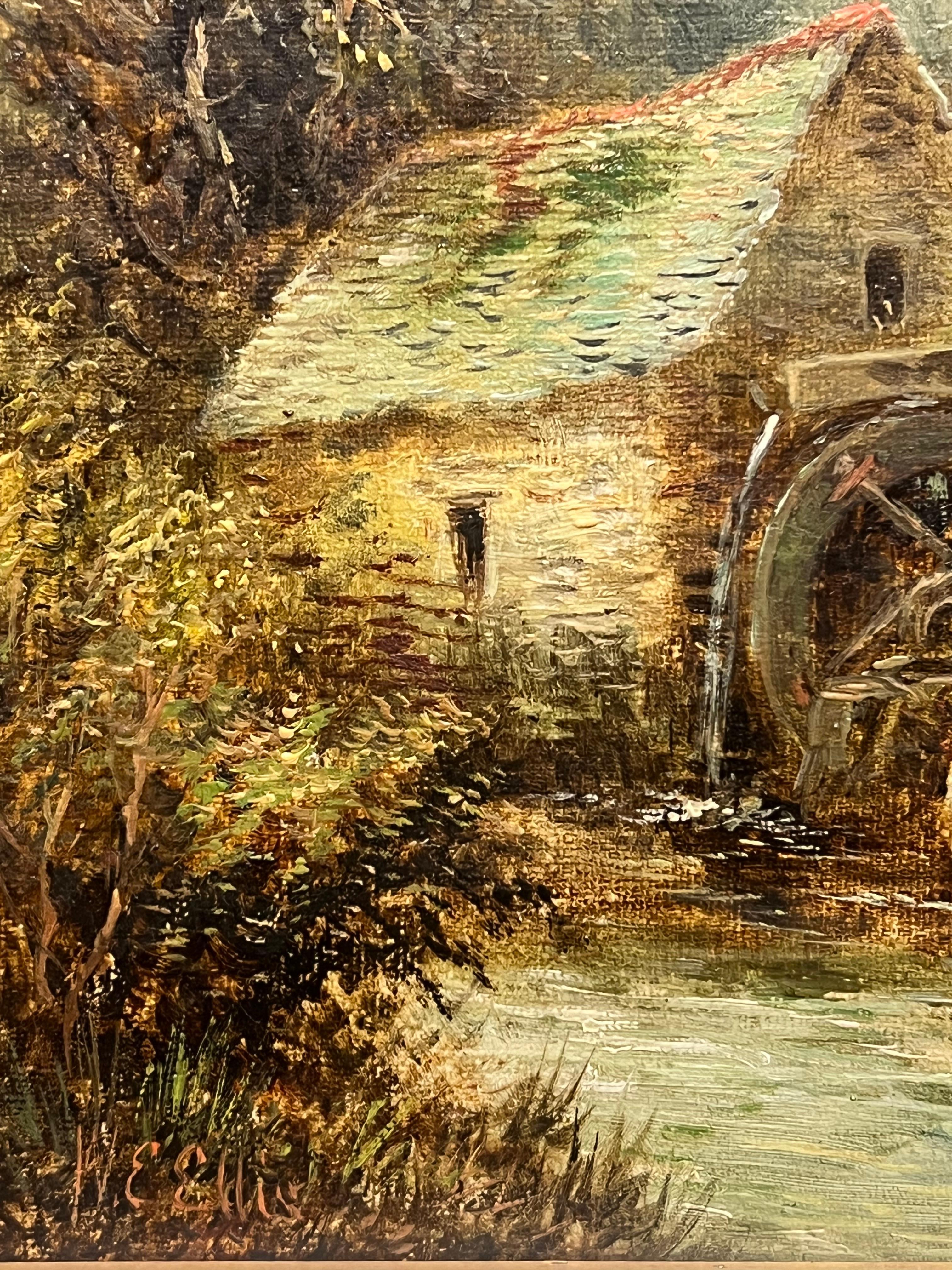 Welsh Öl-Landschaft des 19. Jahrhunderts mit rustikaler Wassermühle mit Figur des Flusses im Angebot 1