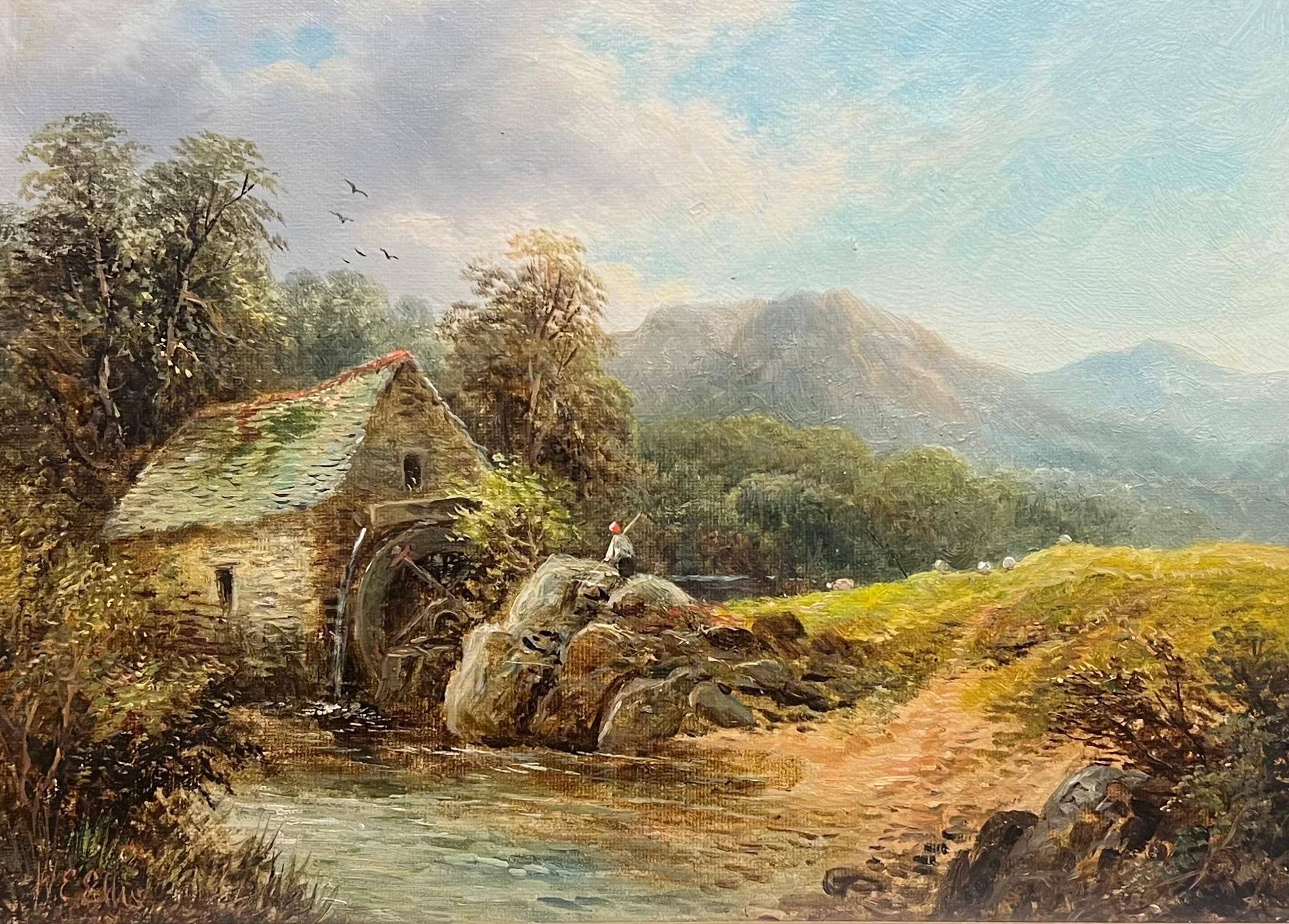 Welsh Öl-Landschaft des 19. Jahrhunderts mit rustikaler Wassermühle mit Figur des Flusses