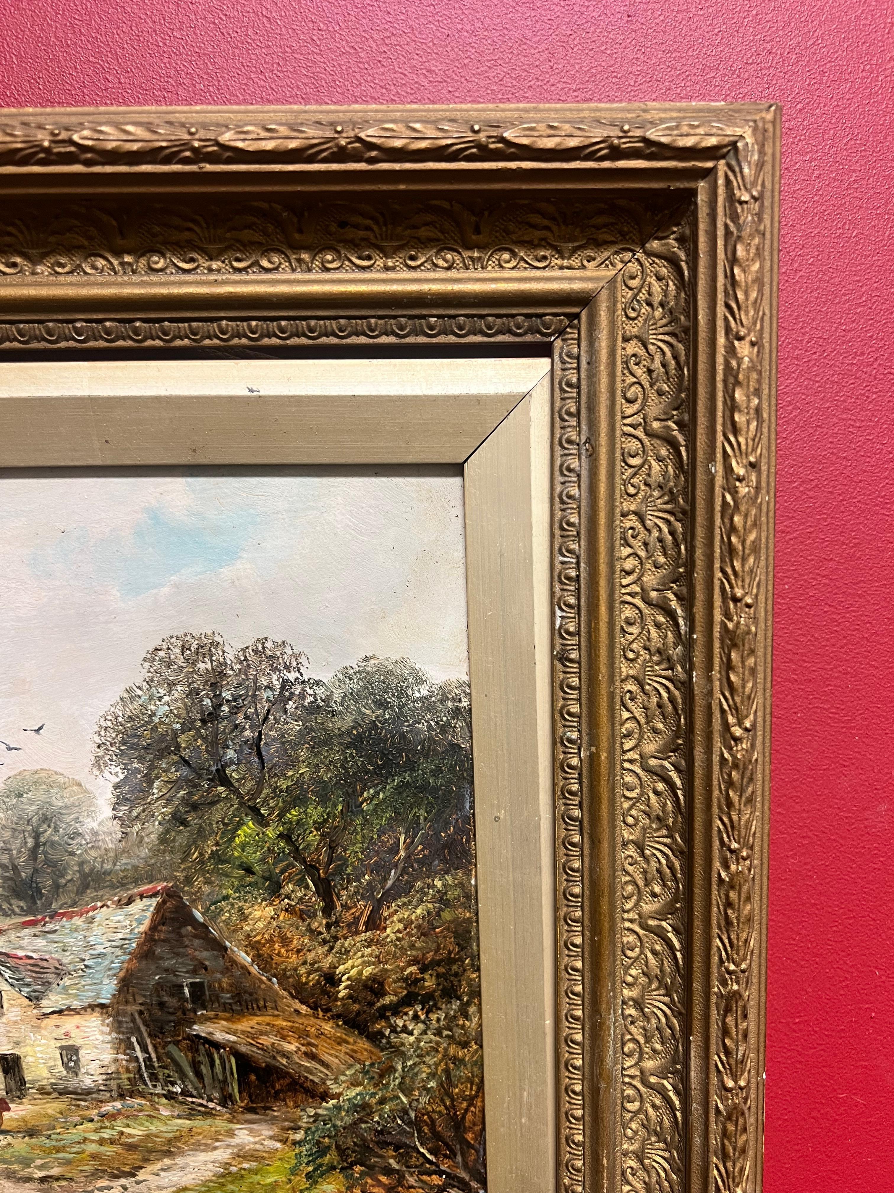 Antiguo óleo galés Encantadora casita con figuras en un entorno campestre en venta 5