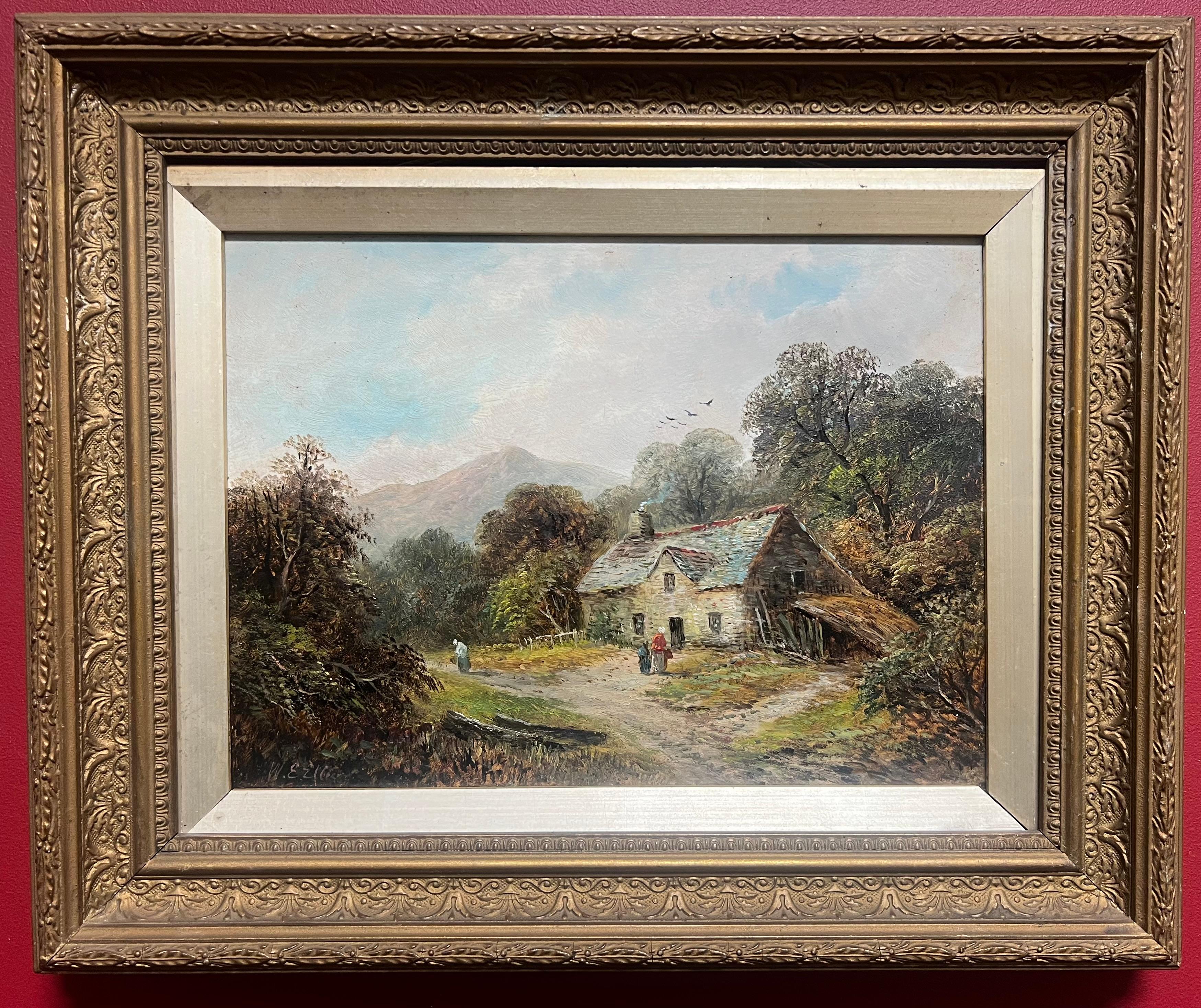Antiguo óleo galés Encantadora casita con figuras en un entorno campestre - Painting de Welsh School