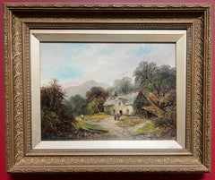Antique Welsh Oil Painting Charming Cottage with Figures in Countryside Setting