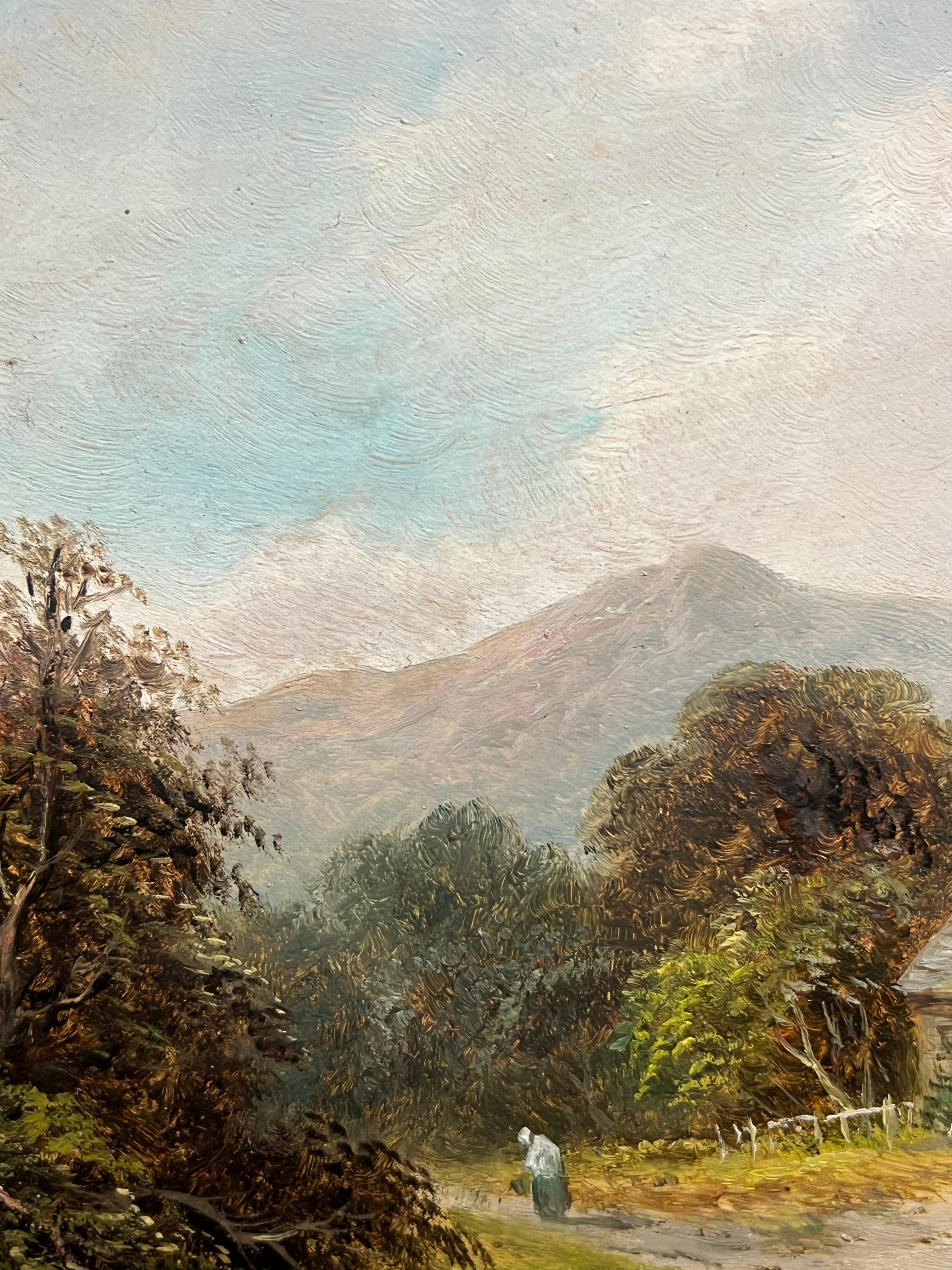 Antiguo óleo galés Encantadora casita con figuras en un entorno campestre - Landscape Painting Gris de Welsh School