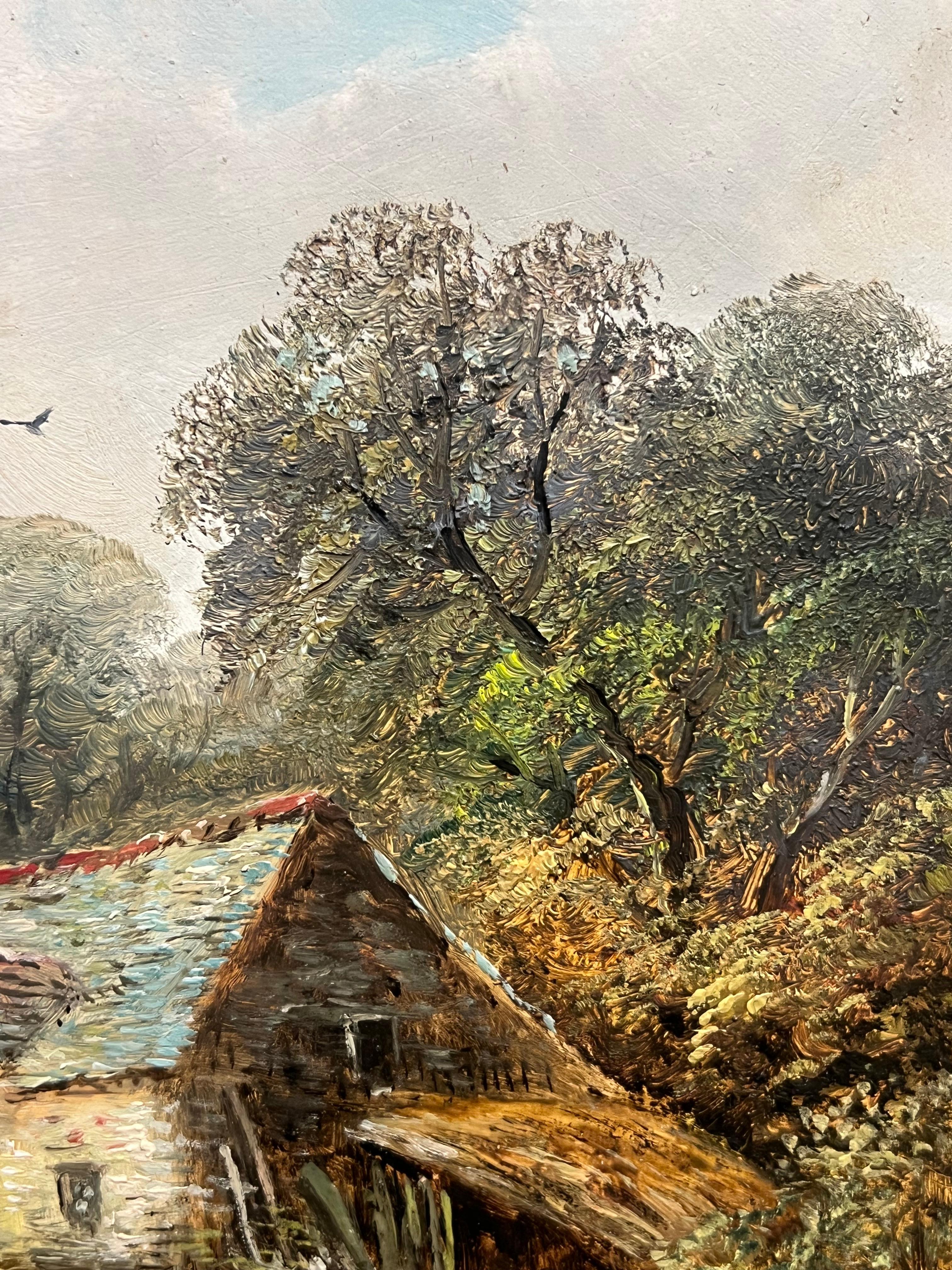 Antiguo óleo galés Encantadora casita con figuras en un entorno campestre en venta 2