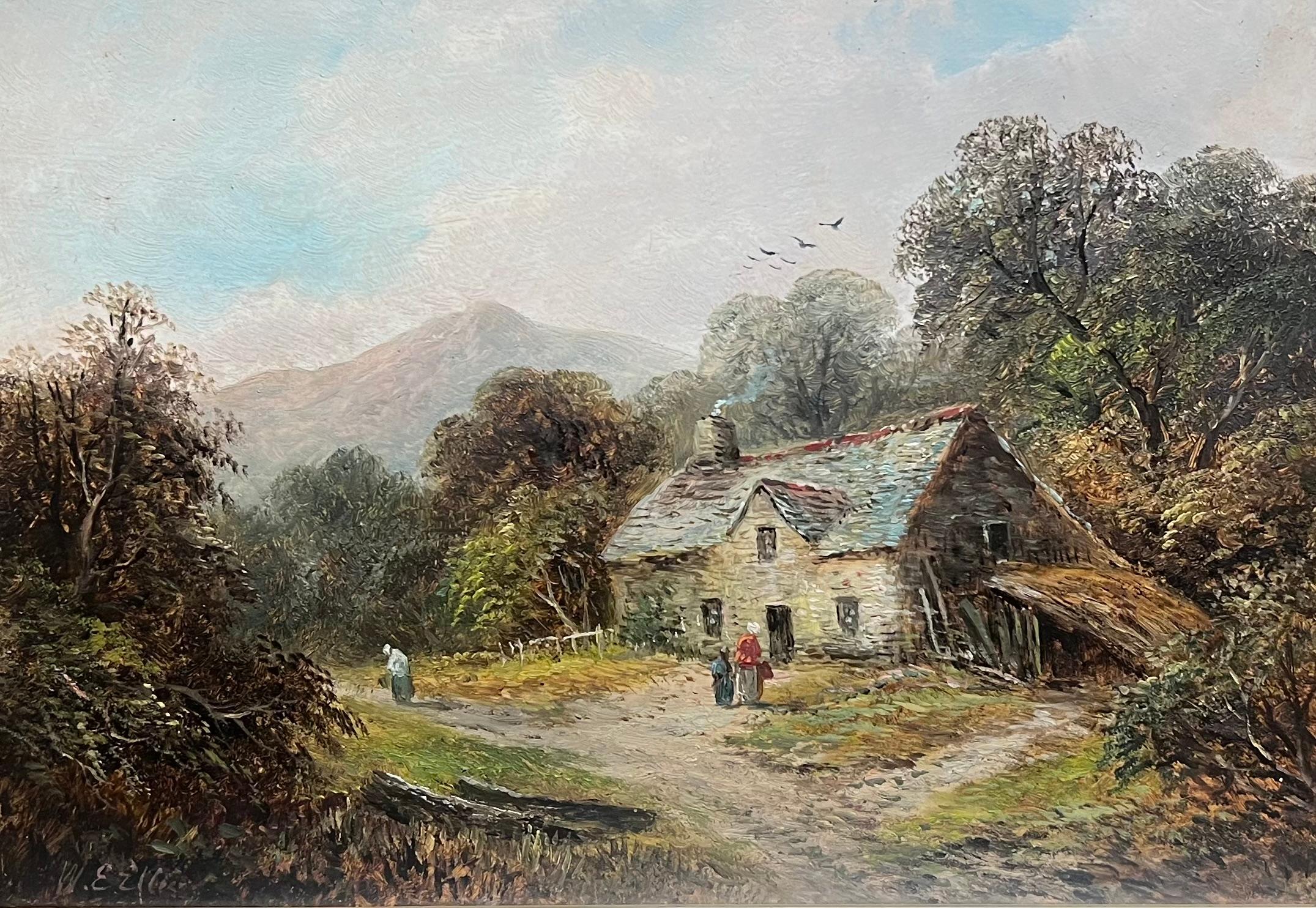 Landscape Painting de Welsh School - Antiguo óleo galés Encantadora casita con figuras en un entorno campestre