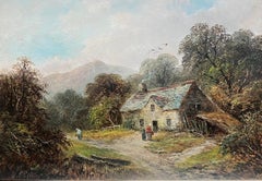 Antikes walisisches Ölgemälde, charmantes Cottage mit Figuren in Landhausstil, Ölgemälde