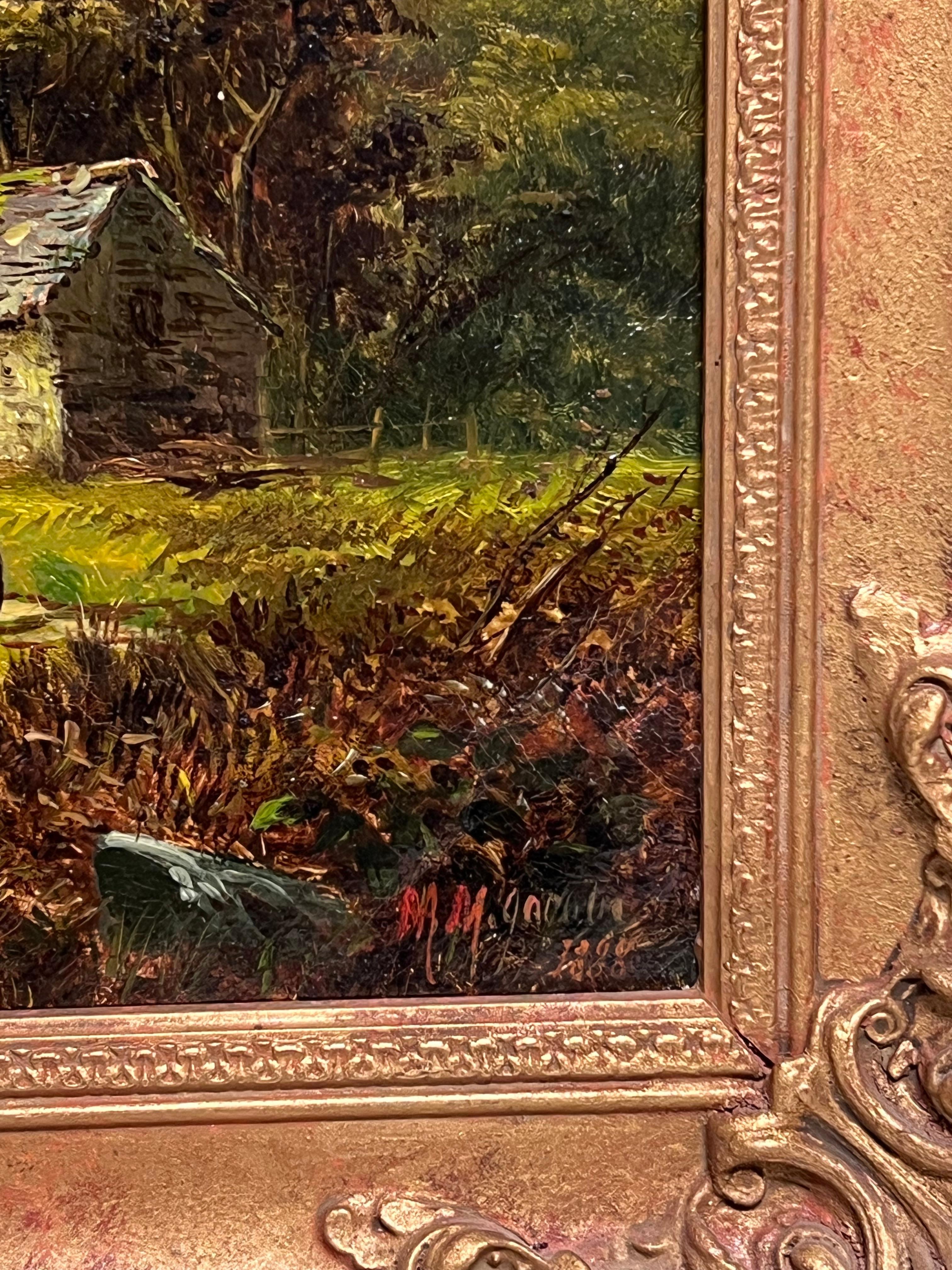 Signed Victorian Welsh Oil Painting Cottages by Lake and Mountain View 1888 For Sale 7