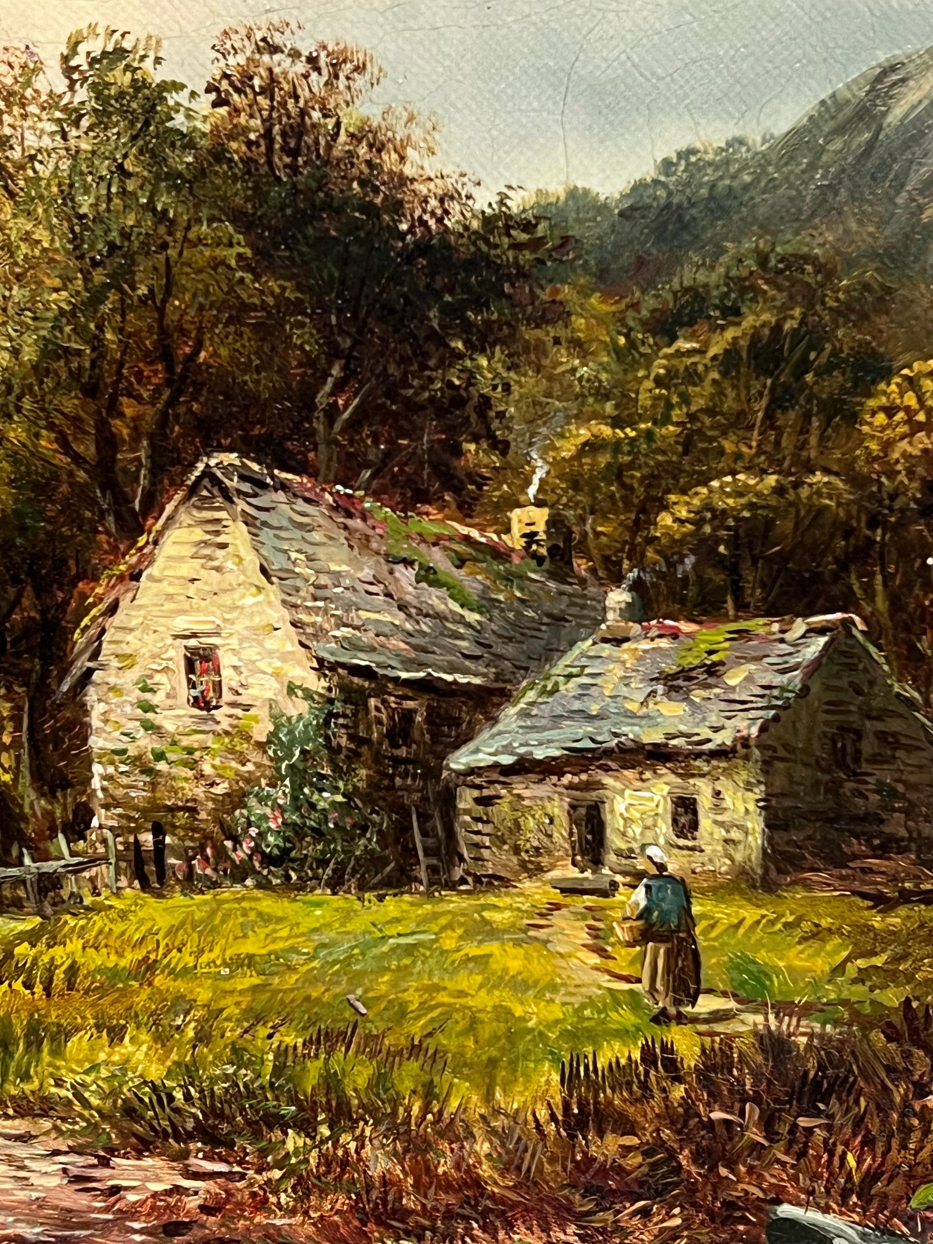 Signed Victorian Welsh Oil Painting Cottages by Lake and Mountain View 1888 For Sale 8