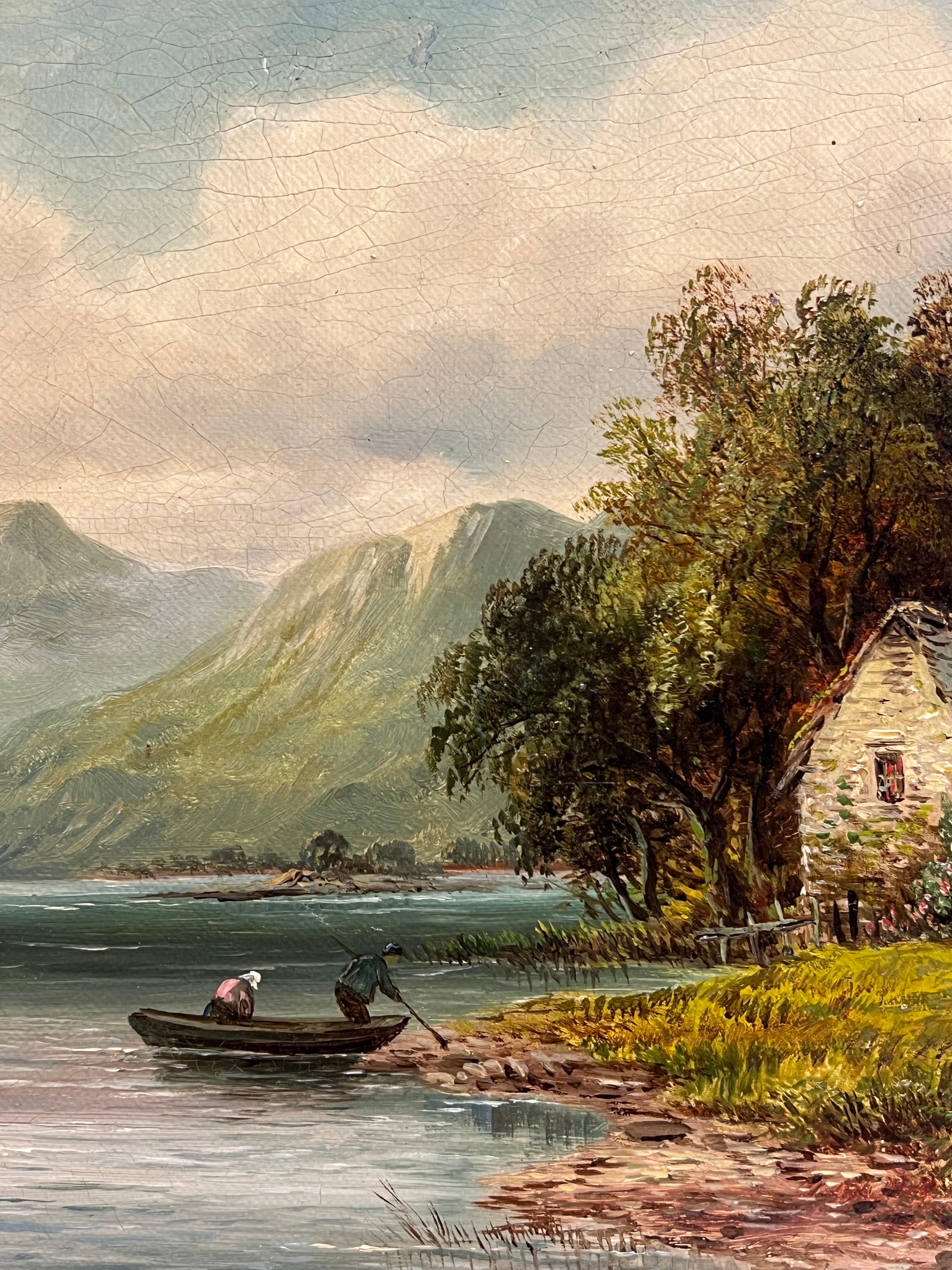 Signed Victorian Welsh Oil Painting Cottages by Lake and Mountain View 1888 For Sale 9