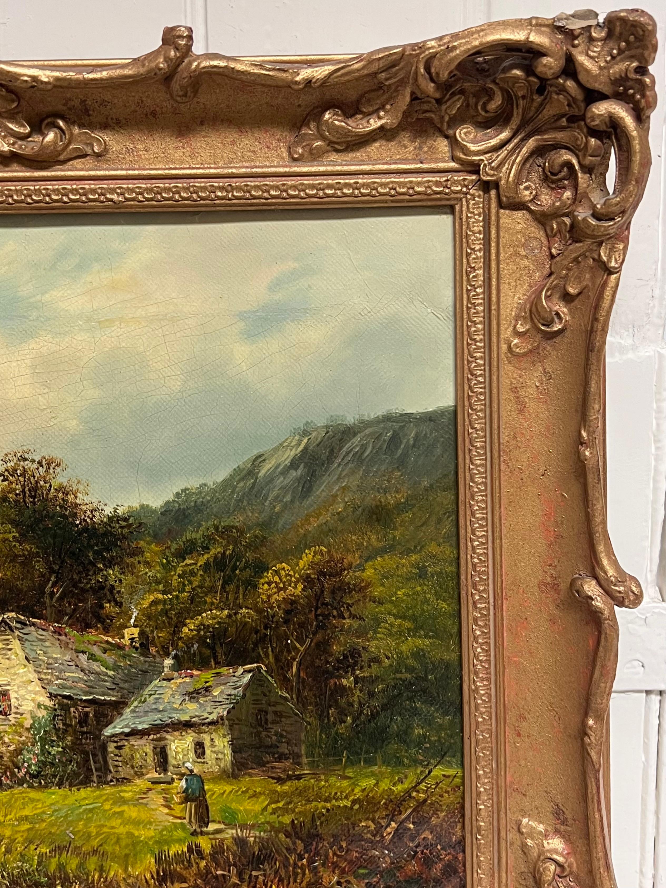 Signed Victorian Welsh Oil Painting Cottages by Lake and Mountain View 1888 For Sale 10