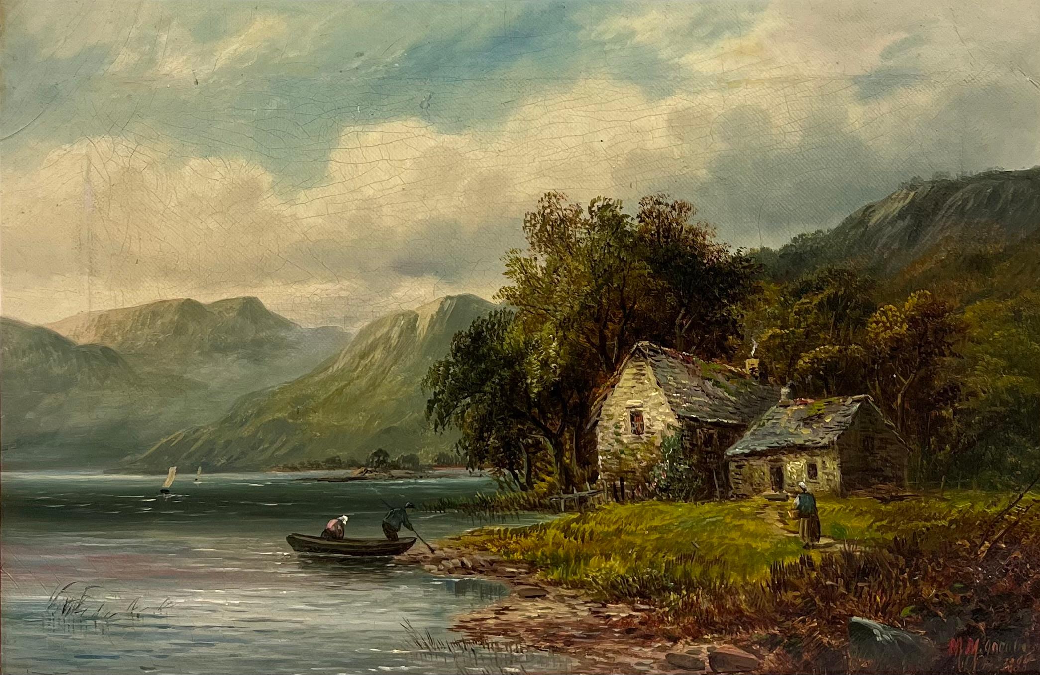 Signed Victorian Welsh Oil Painting Cottages by Lake and Mountain View 1888 - Brown Landscape Painting by Welsh Victorian