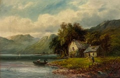 Signed Victorian Welsh Oil Painting Cottages by Lake and Mountain View 1888