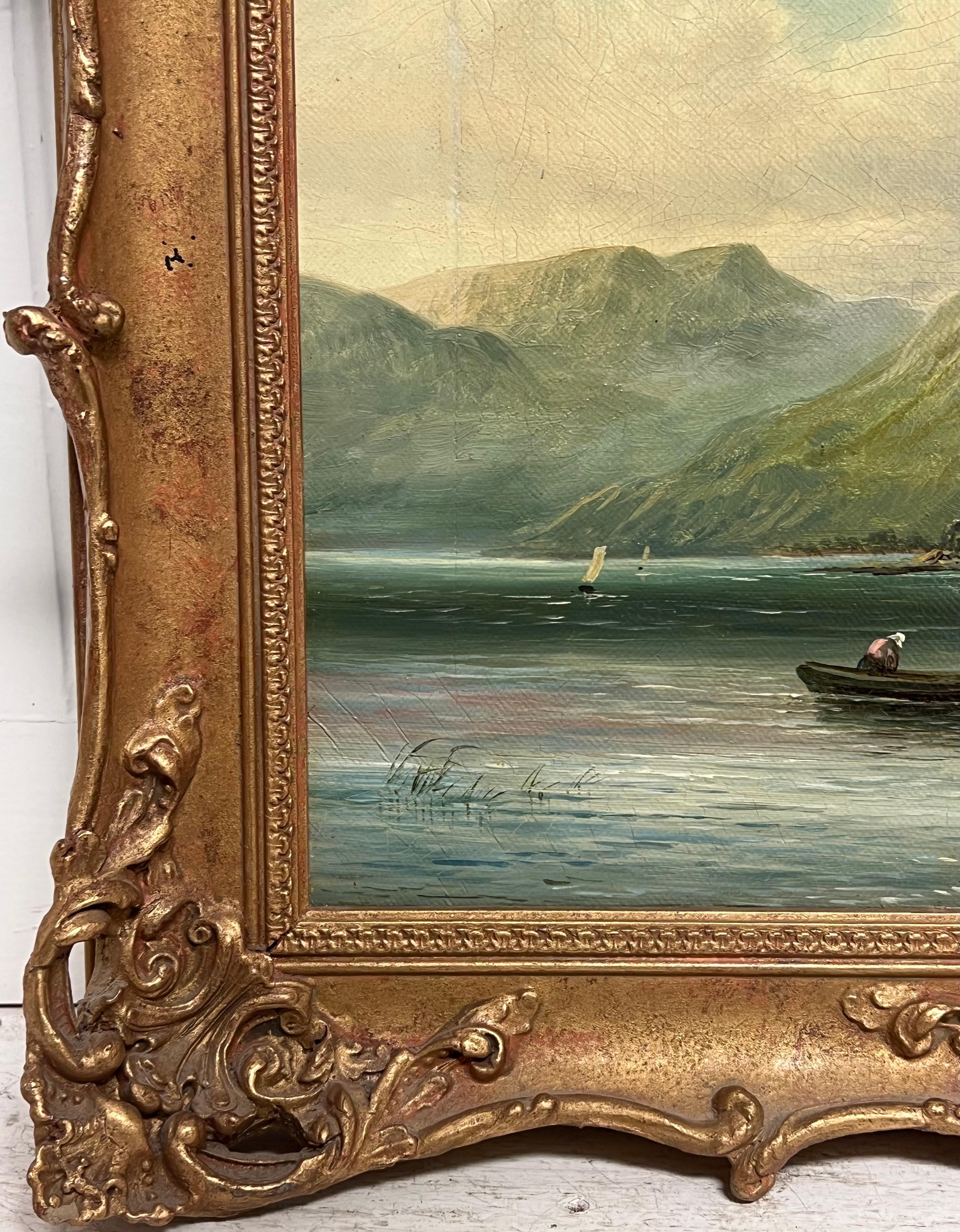Signed Victorian Welsh Oil Painting Cottages by Lake and Mountain View 1888 For Sale 1
