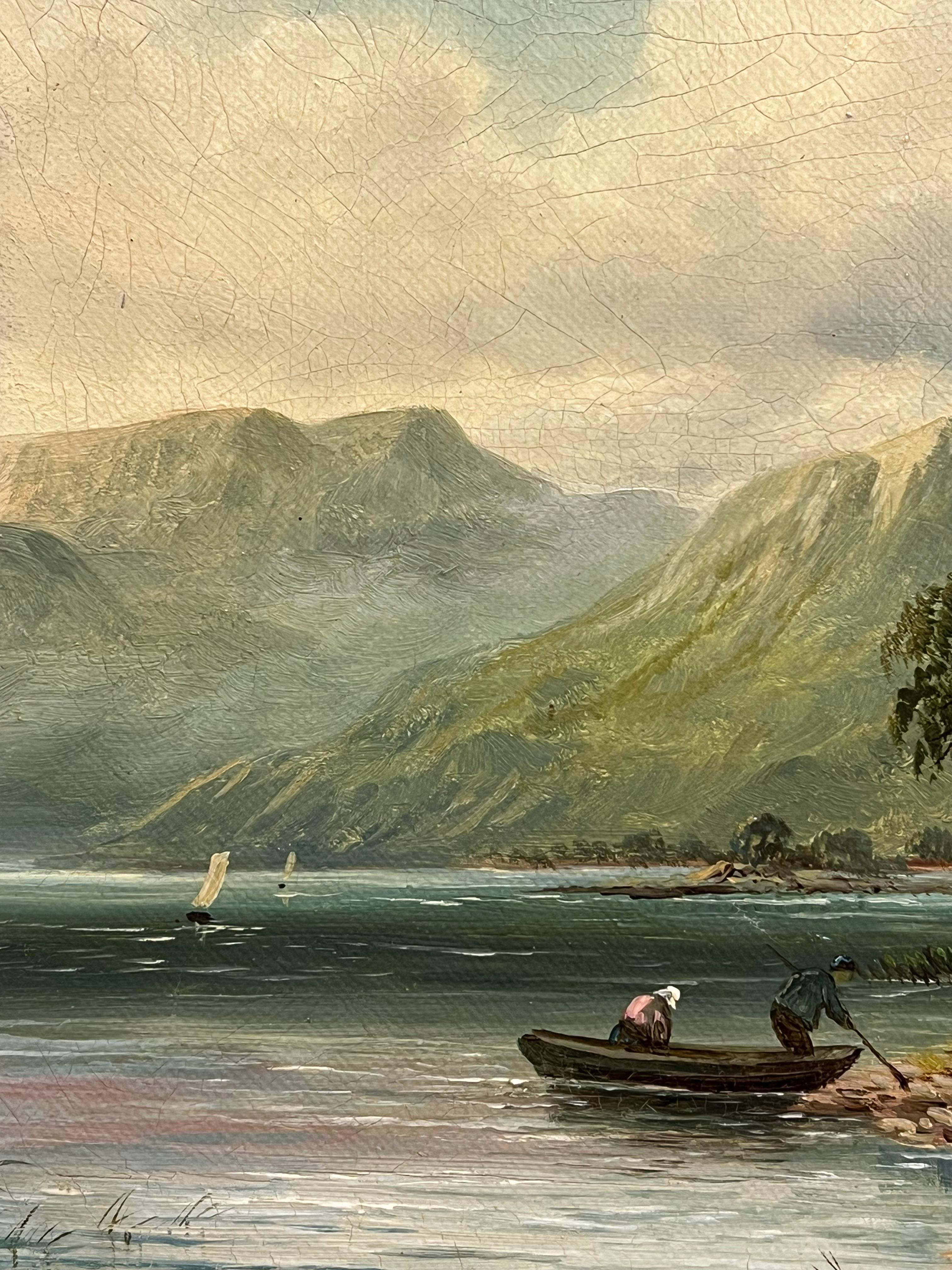 Signed Victorian Welsh Oil Painting Cottages by Lake and Mountain View 1888 For Sale 2