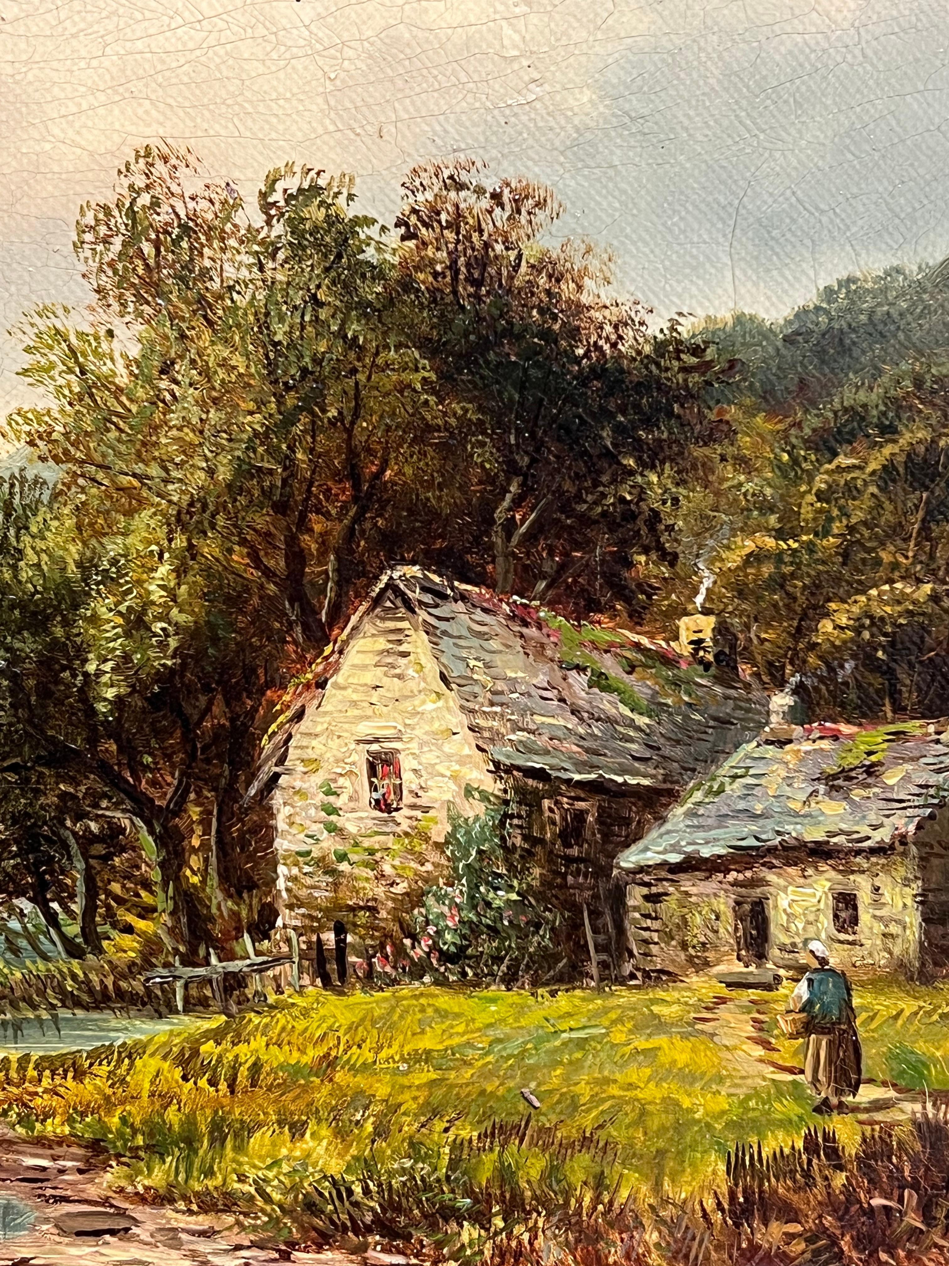 Signed Victorian Welsh Oil Painting Cottages by Lake and Mountain View 1888 For Sale 3