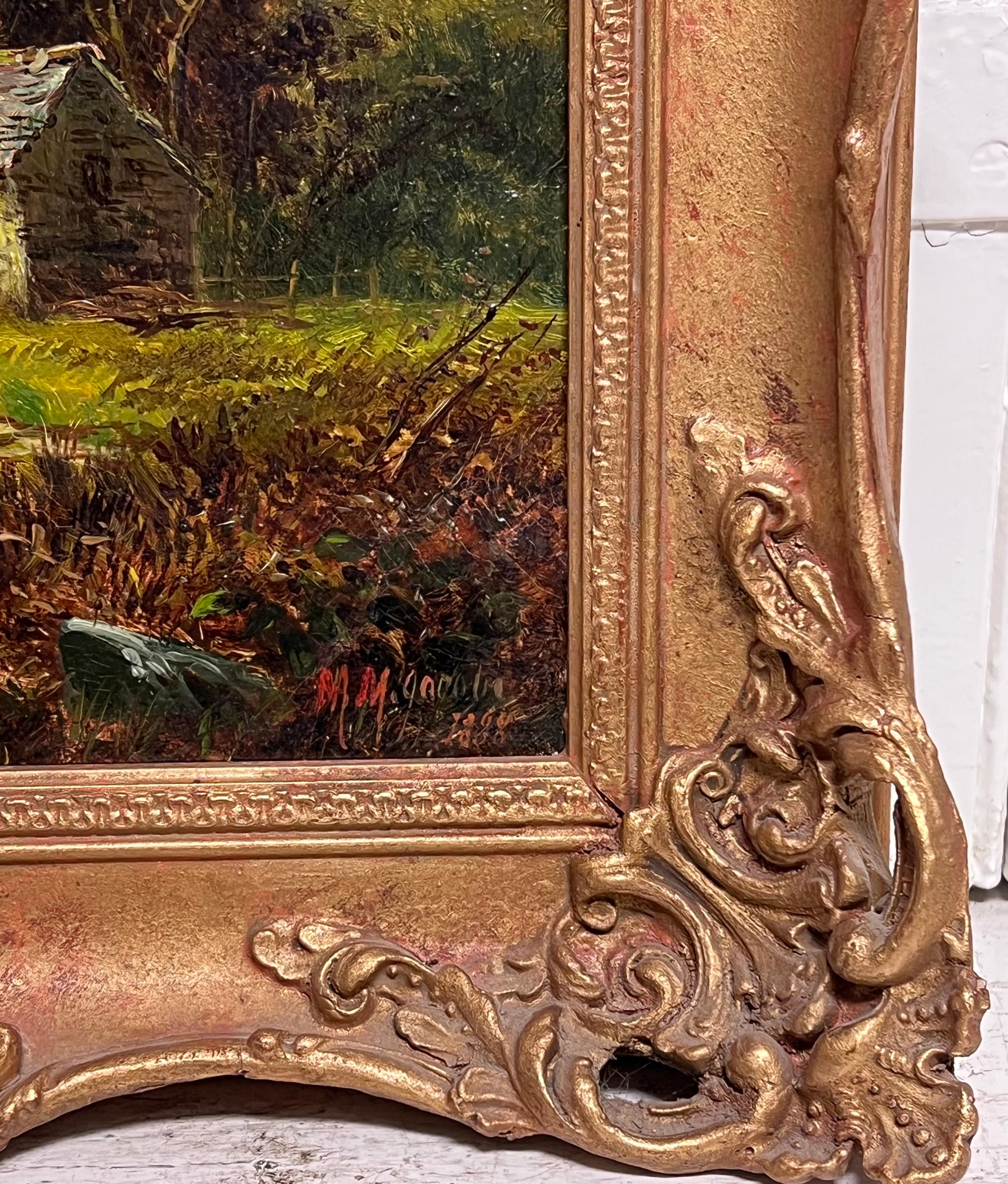 Signed Victorian Welsh Oil Painting Cottages by Lake and Mountain View 1888 For Sale 4