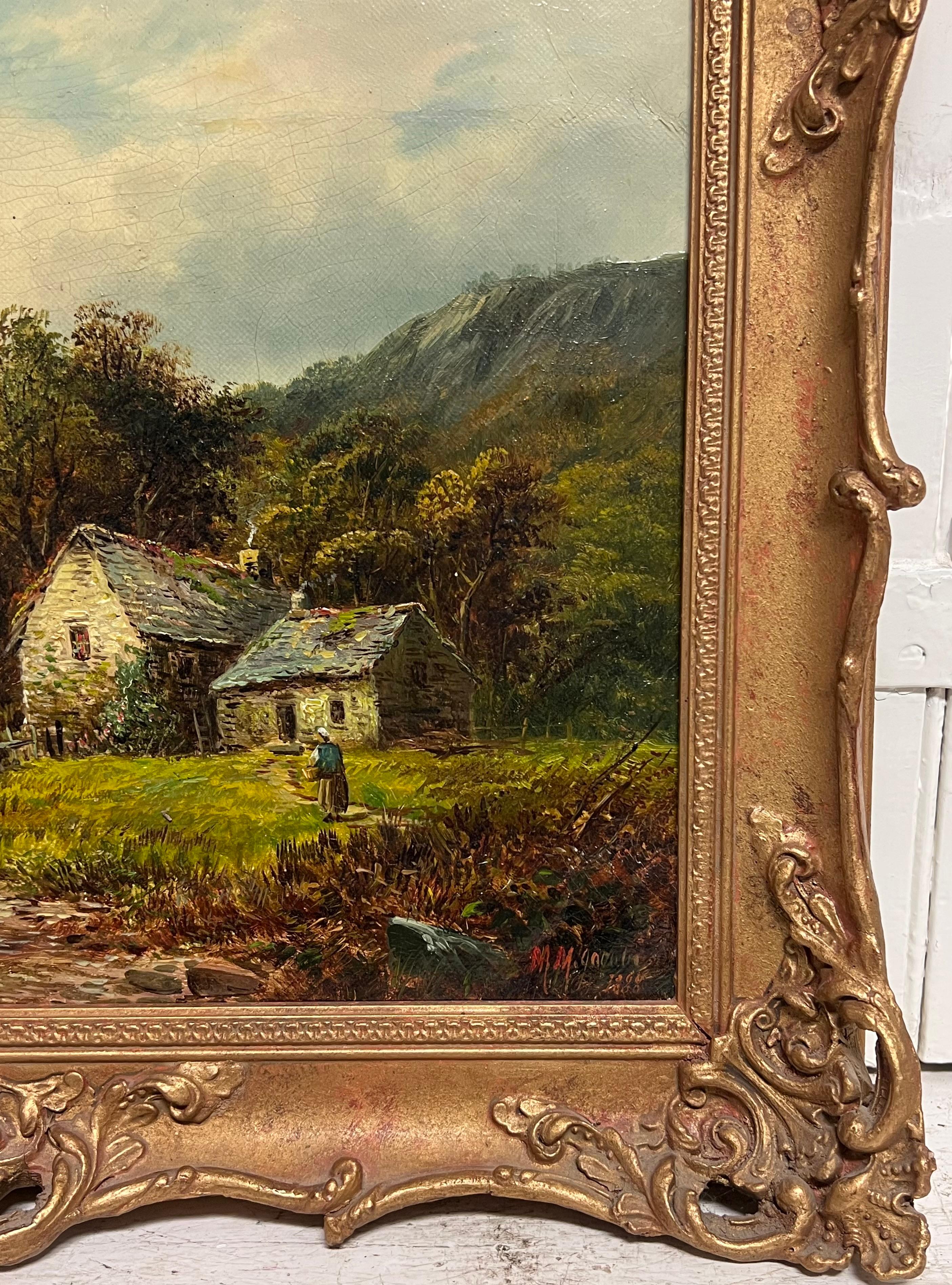 Signed Victorian Welsh Oil Painting Cottages by Lake and Mountain View 1888 For Sale 5