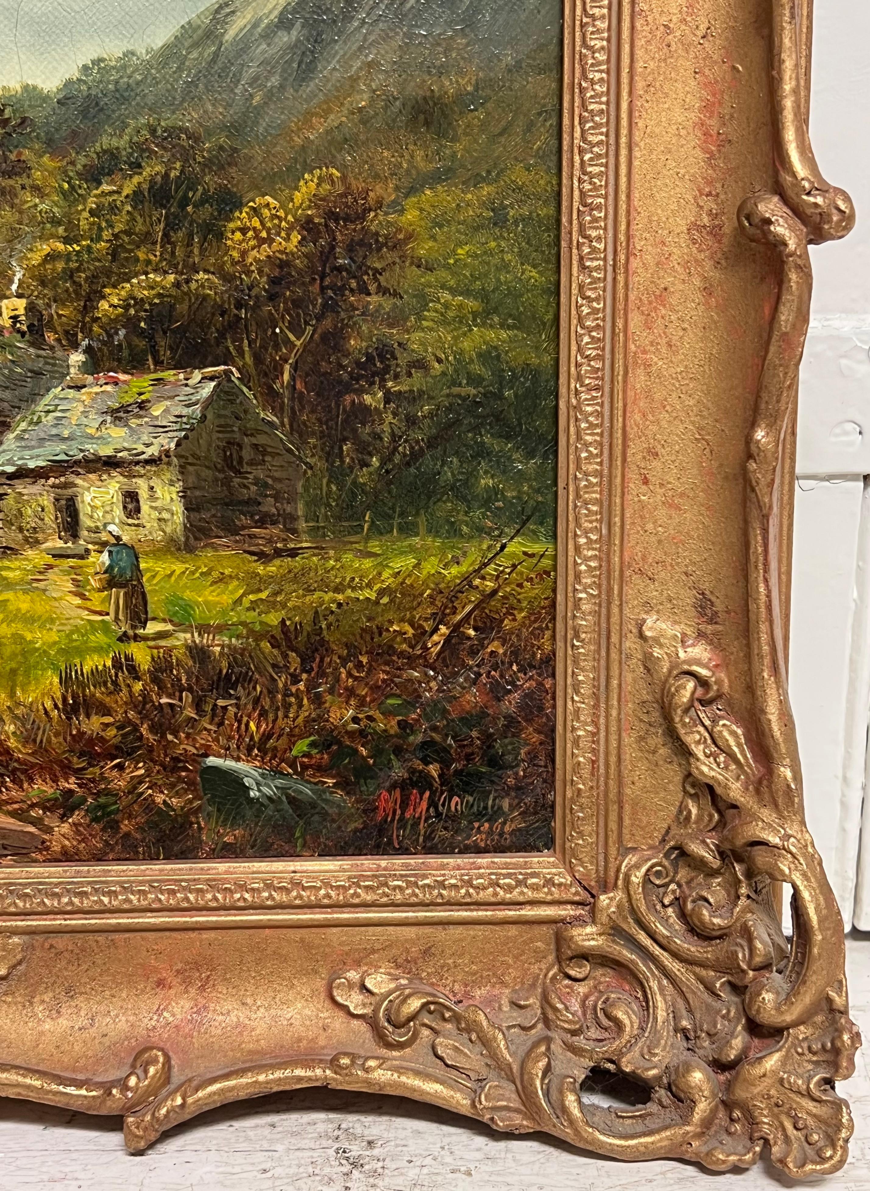 Signed Victorian Welsh Oil Painting Cottages by Lake and Mountain View 1888 For Sale 6