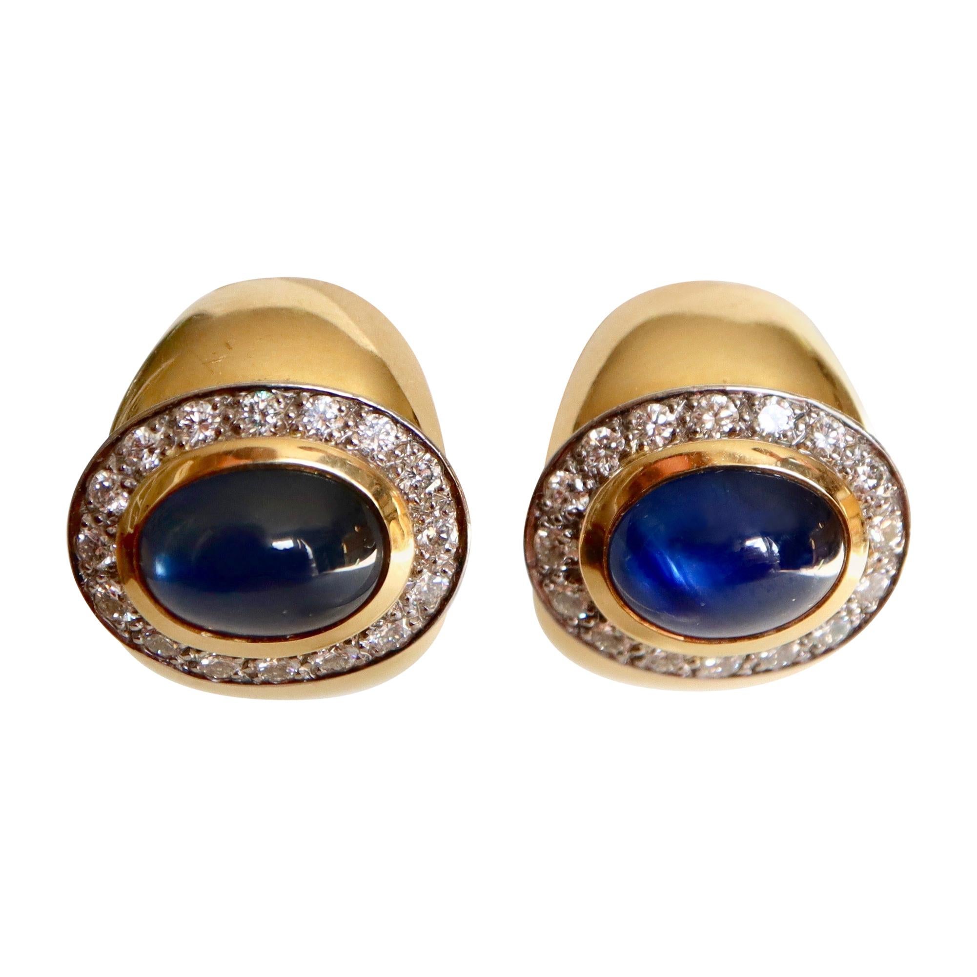 Wempe 18 Karat Yellow Gold and White Gold Earrings Set with Cabochon Sapphires