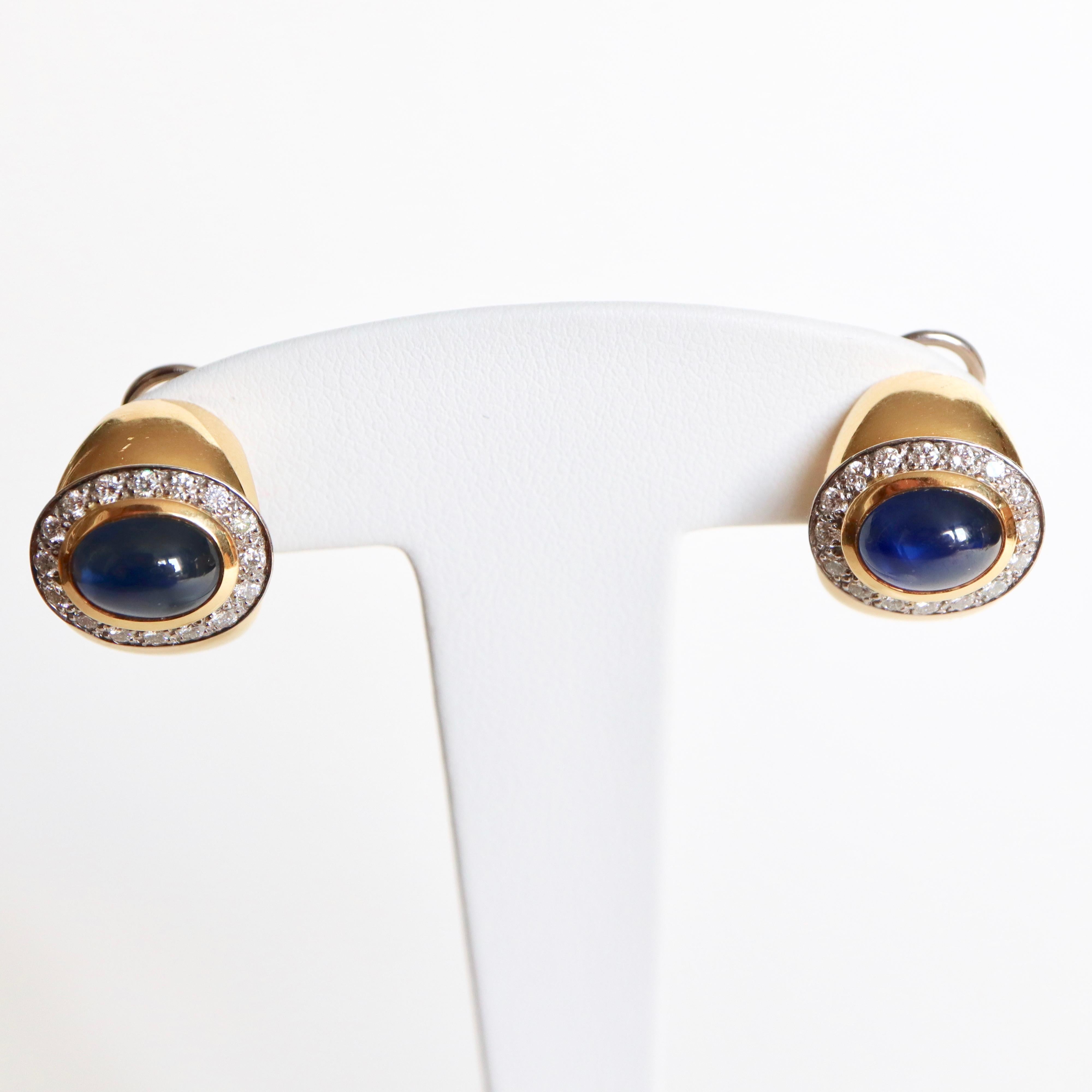 Women's Wempe 18 Karat Yellow Gold and White Gold Earrings Set with Cabochon Sapphires