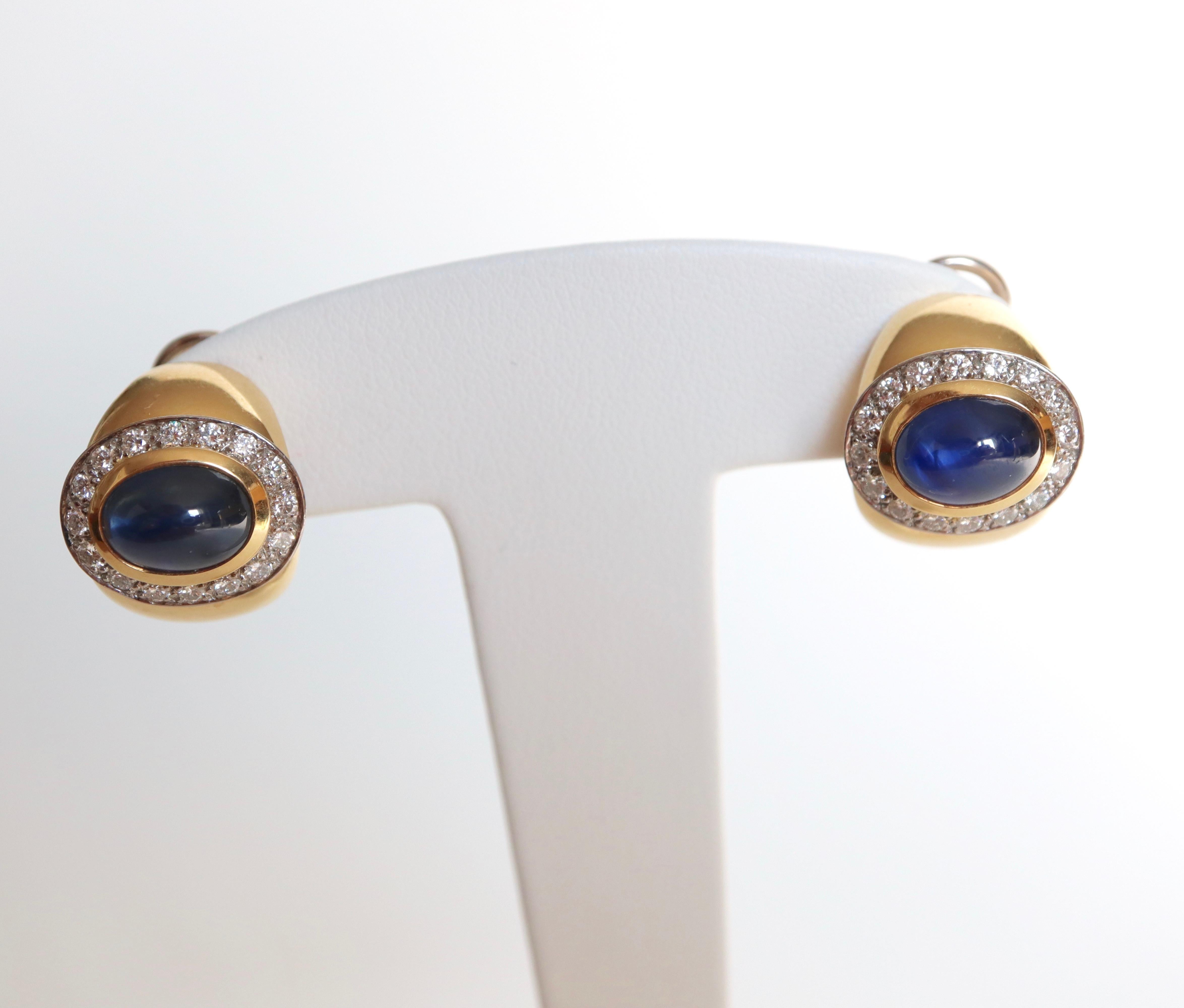 Wempe 18 Karat Yellow Gold and White Gold Earrings Set with Cabochon Sapphires 5
