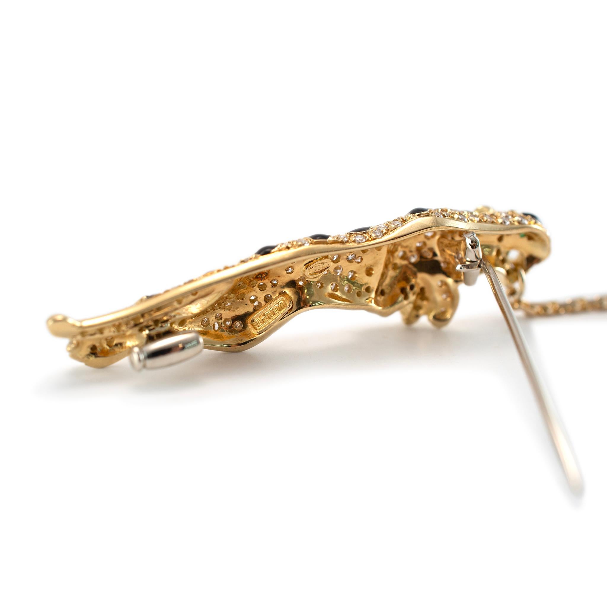 Pantherbrosche von Wempe, 18 Karat Gelbgold Diamant Smaragd Schwarz Emaille (Rundschliff)