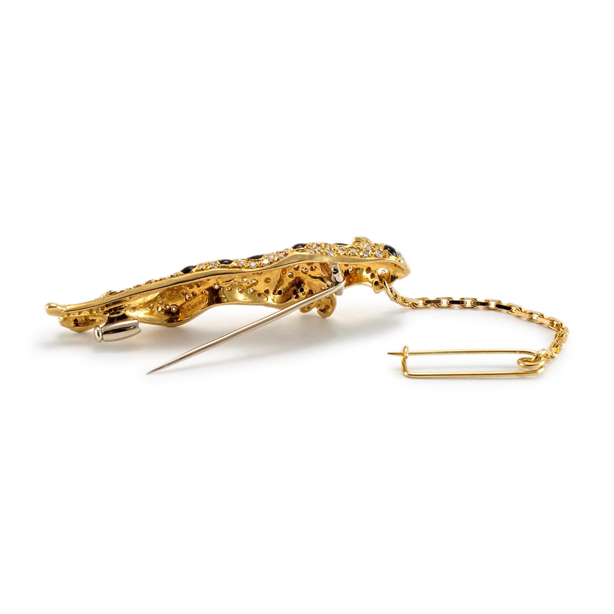 Pantherbrosche von Wempe, 18 Karat Gelbgold Diamant Smaragd Schwarz Emaille im Zustand „Hervorragend“ in Houston, TX