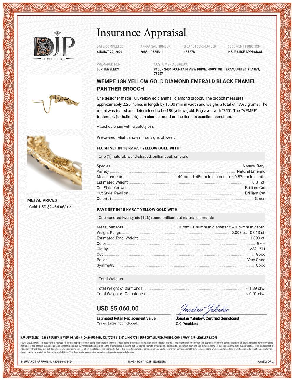 Pantherbrosche von Wempe, 18 Karat Gelbgold Diamant Smaragd Schwarz Emaille 3
