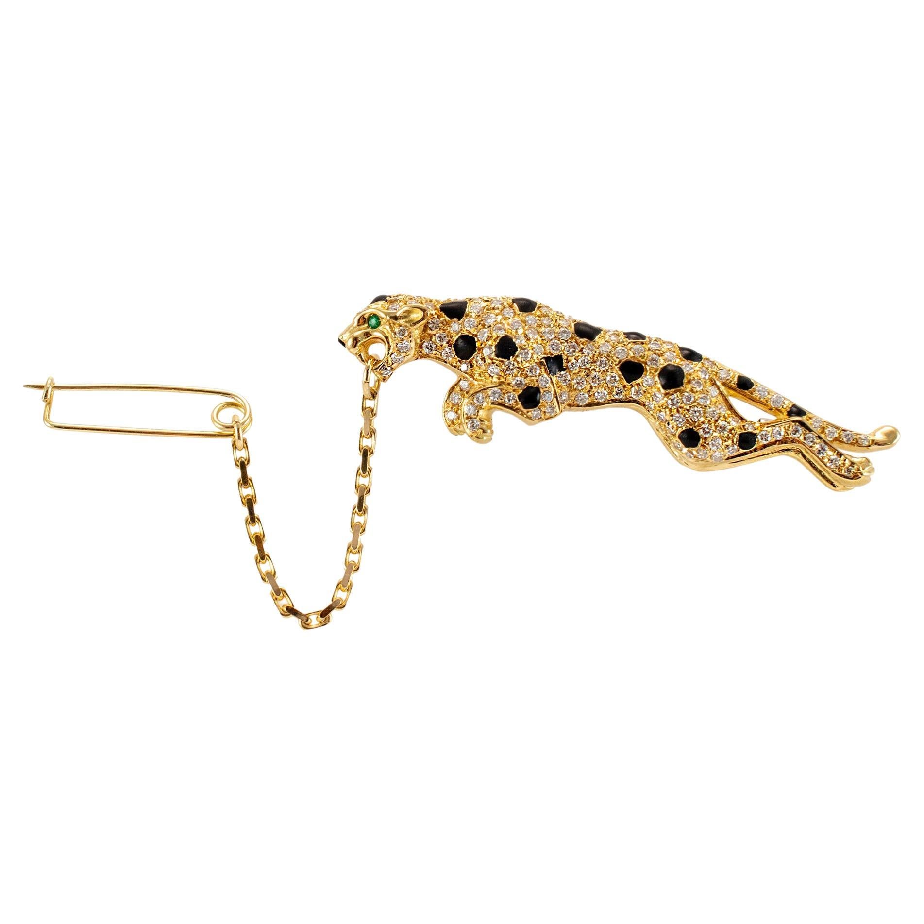 Pantherbrosche von Wempe, 18 Karat Gelbgold Diamant Smaragd Schwarz Emaille