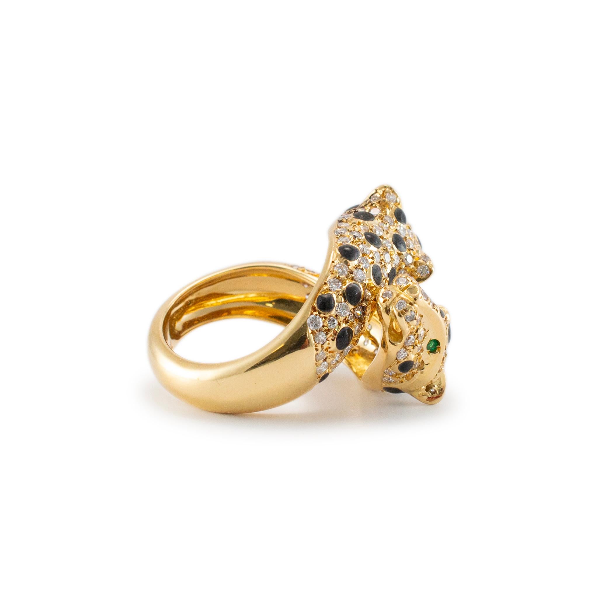 Round Cut Wempe 18K Yellow Gold Diamond Emerald Black Enamel Panther Cocktail Ring