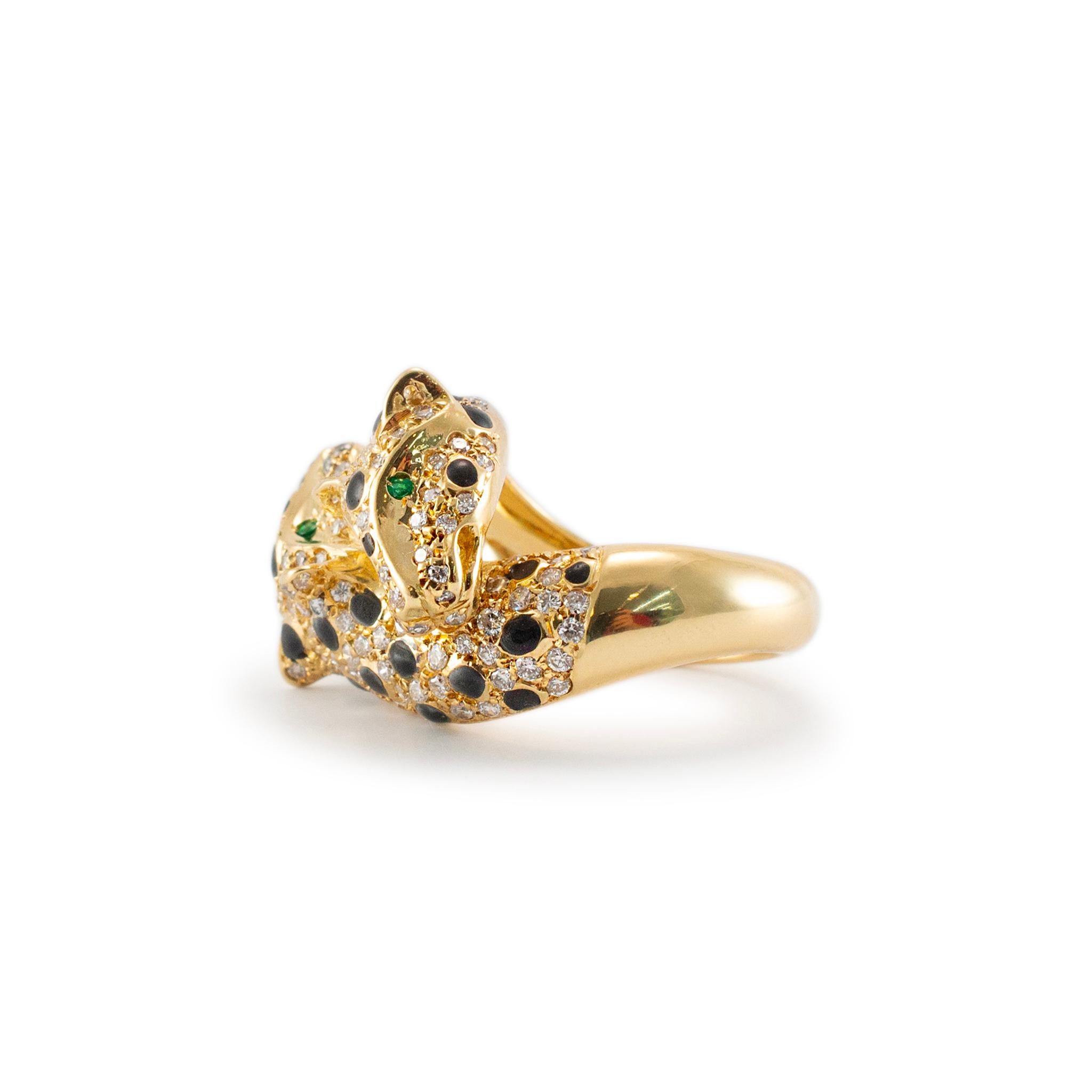 Wempe 18K Yellow Gold Diamond Emerald Black Enamel Panther Cocktail Ring In Excellent Condition In Houston, TX