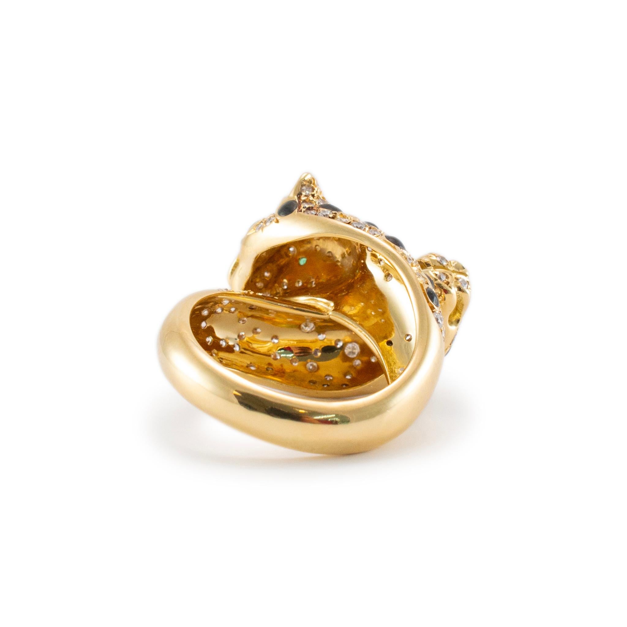 Women's Wempe 18K Yellow Gold Diamond Emerald Black Enamel Panther Cocktail Ring
