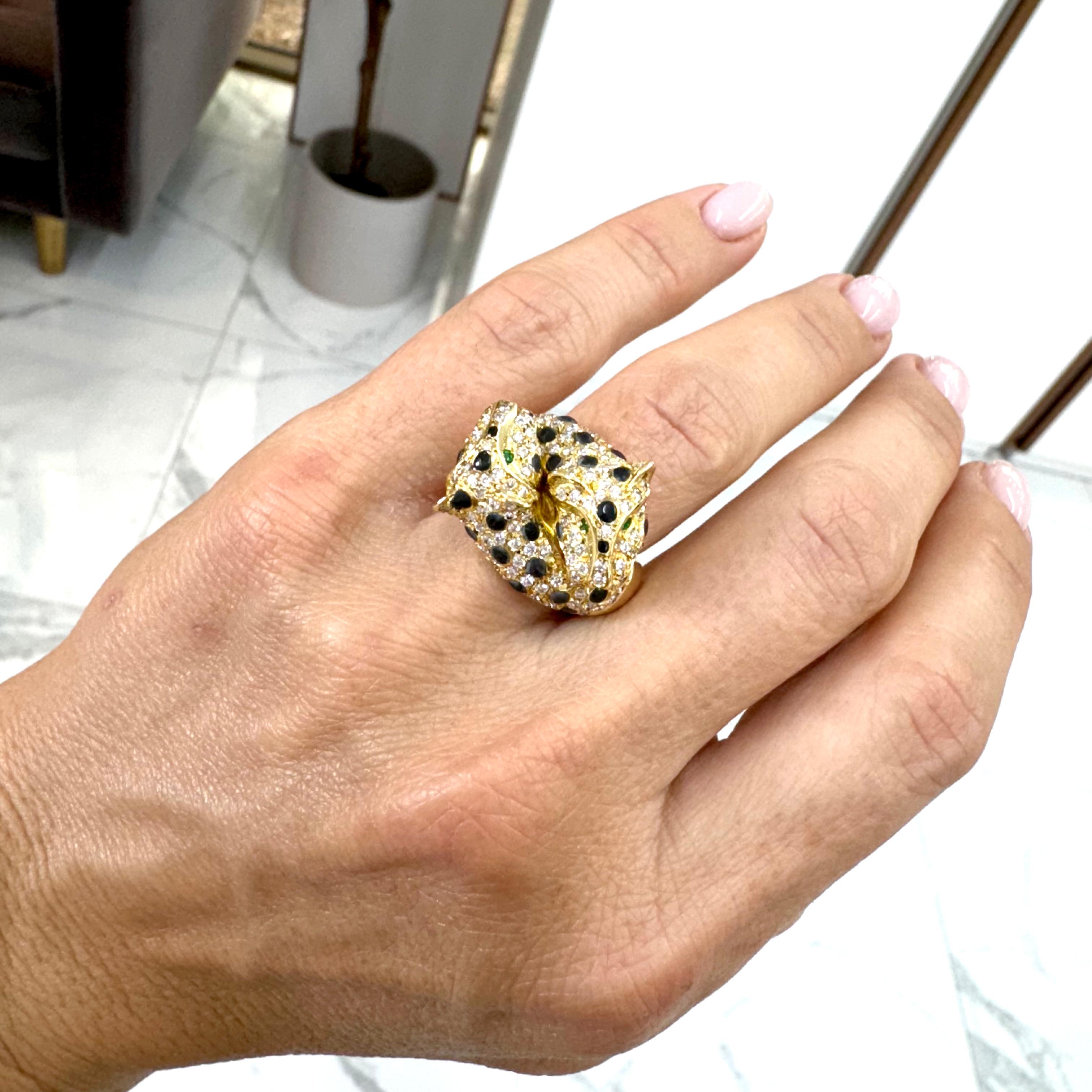 Wempe 18K Yellow Gold Diamond Emerald Black Enamel Panther Cocktail Ring 3