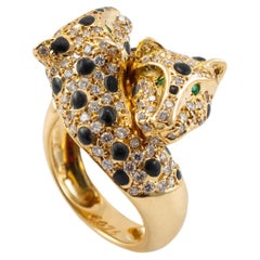 Wempe 18K Yellow Gold Diamond Emerald Black Enamel Panther Cocktail Ring