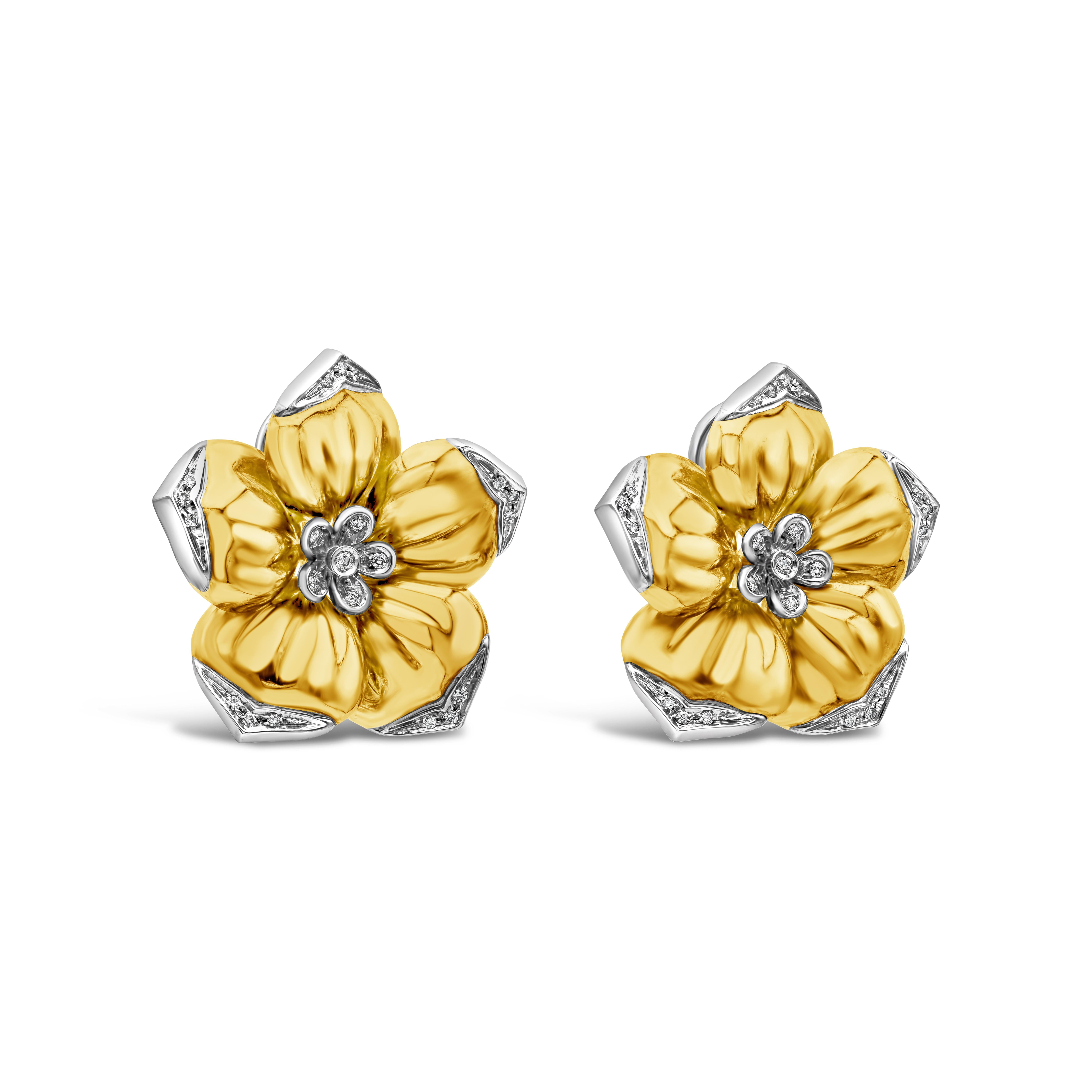 Flower 18K yellow gold earrings accented by round brilliant diamonds weighing 0.25 carats total. The diameter of the earring is 1.5 inches. The earrings signed 