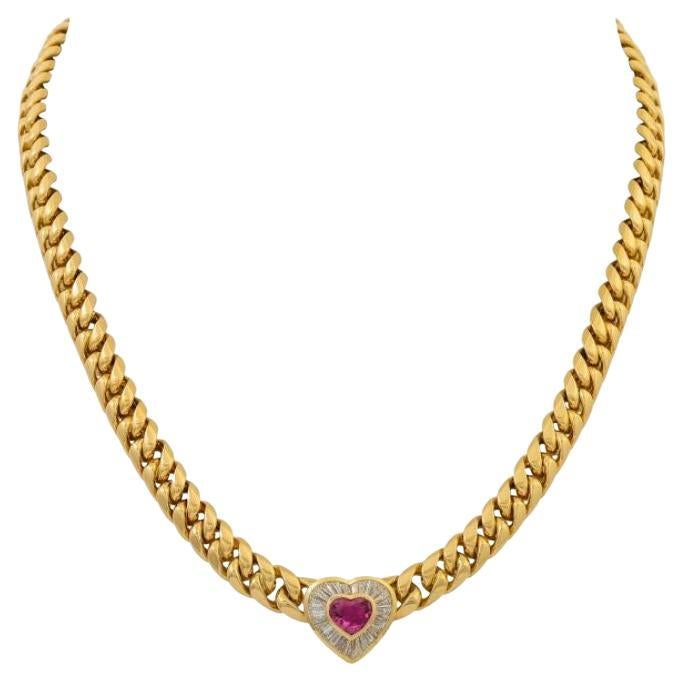 Wempe Necklace with a Ruby Heart Framed by Diamond Trapezoids For Sale