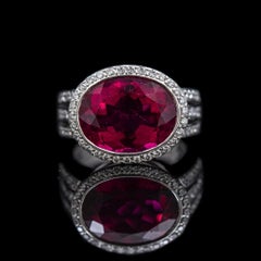Wempe Oval Rubellite Tourmaline Diamond Halo Cocktail Ring 18k White Gold 2000s