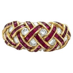 WEMPE Ruby & Diamond Cross Hatched 18k Yellow Gold Band Ring