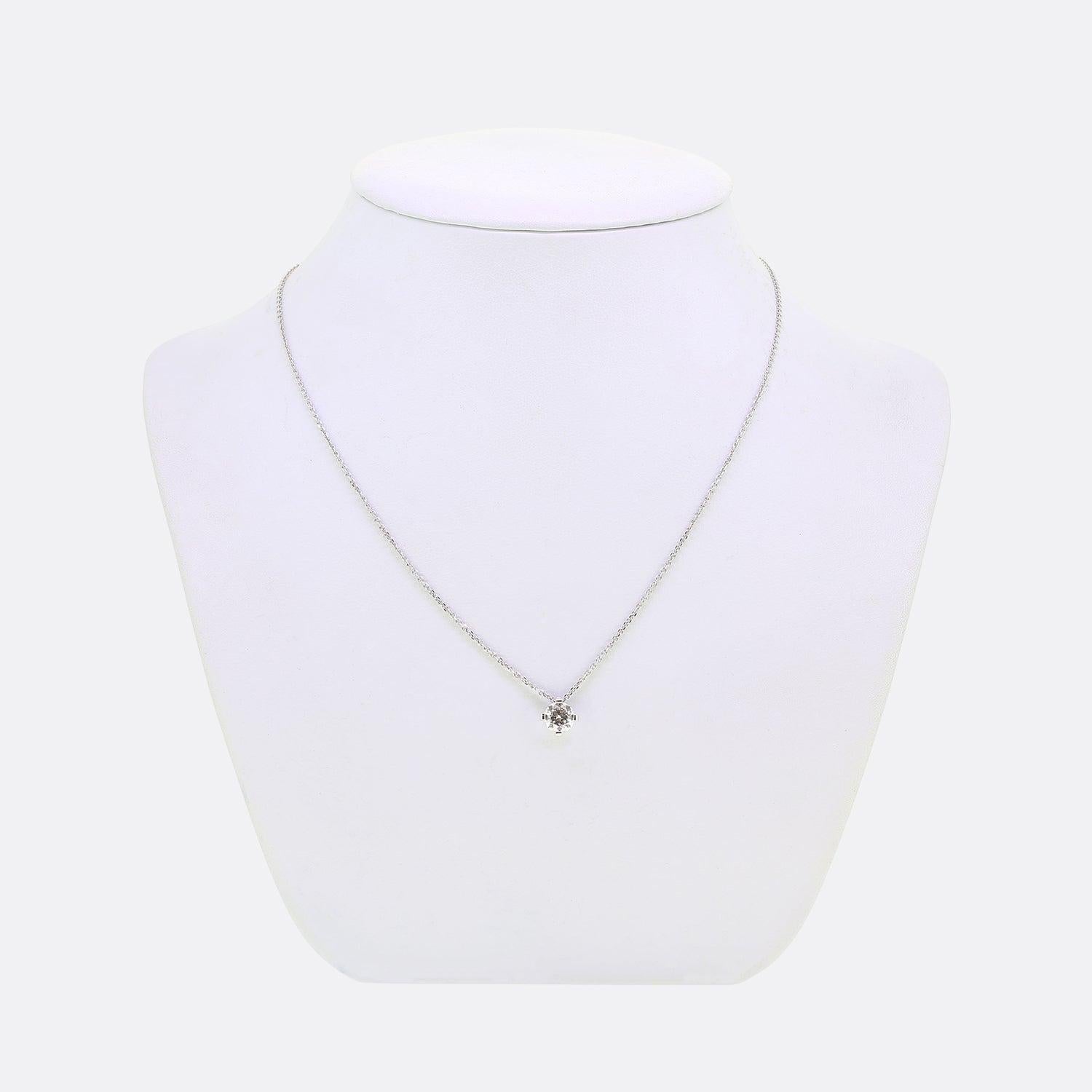 Here we have an 18ct white gold diamond solitaire necklace from the luxury German jewellery designer Wempe. Endless brilliance meets precise, detailed work in this handcrafted Splendora Pure BY KIM pendant. A 1.03ct diamond is held by four