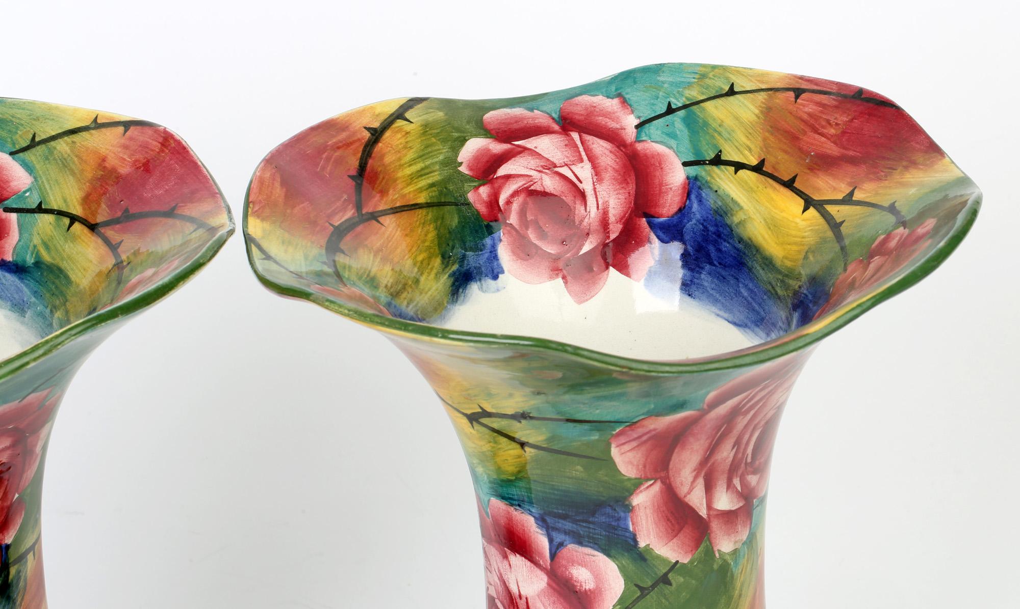 Scottish Wemyss Large Pair Lady Eva Jazzy Pattern Hand Painted Vases For Sale