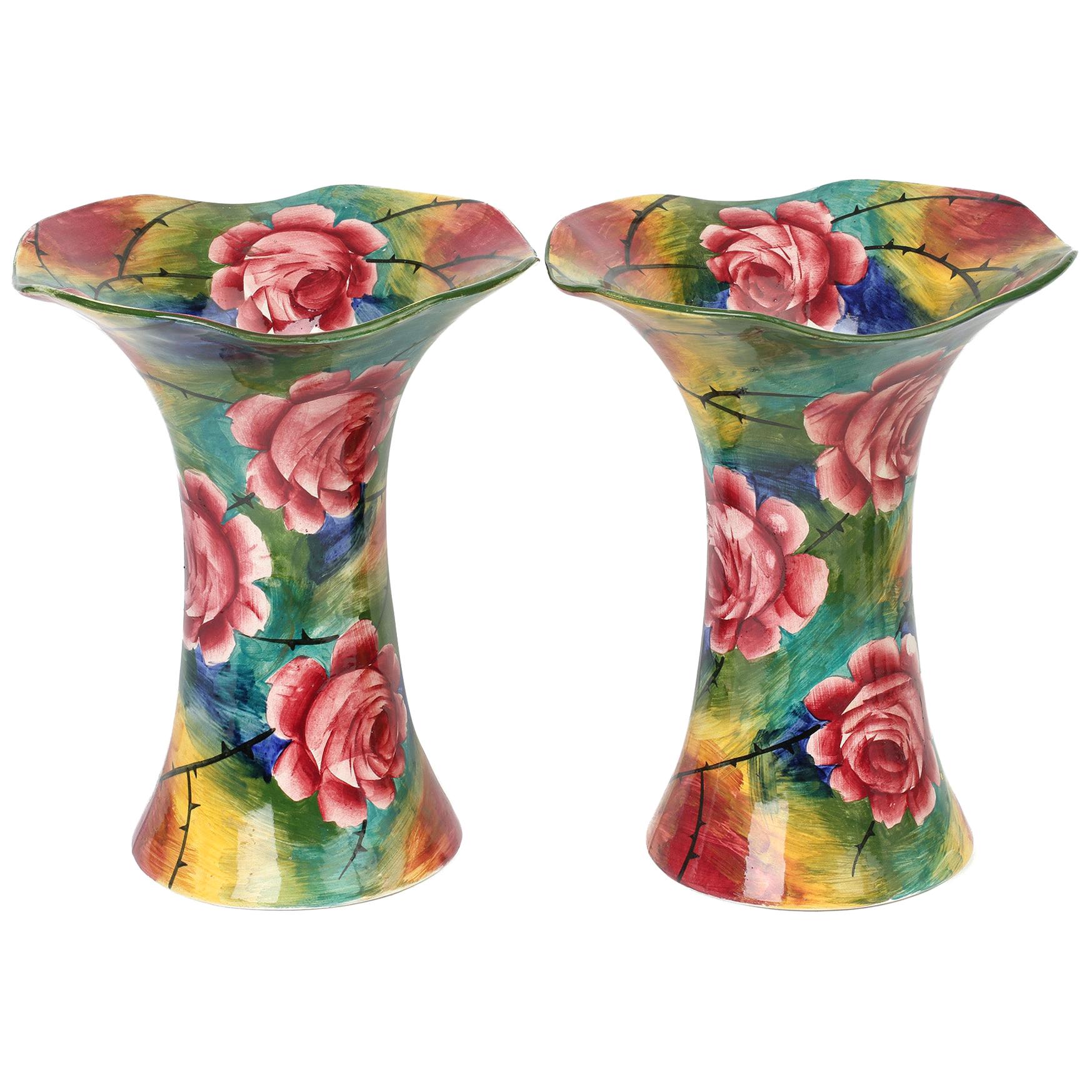 Paire de grands vases Wemyss Lady Eva Jazzy à motifs peints à la main